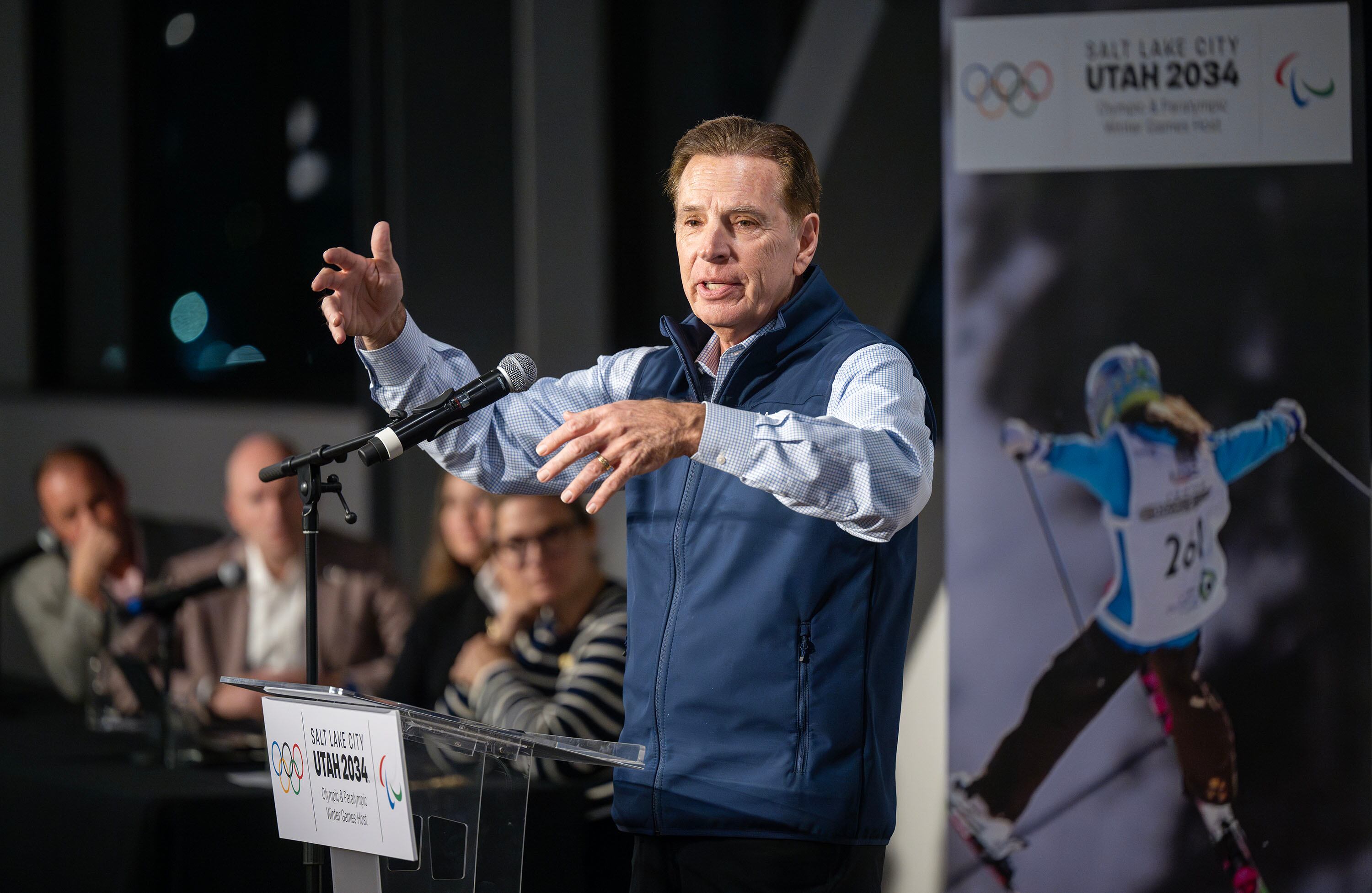 Fraser Bullock, president and CEO of the Salt Lake City-Utah Committee for the Games, speaks as he and other members of the committee gather for a meeting at The Leonardo in Salt Lake City on Wednesday, Dec. 18, 2024.