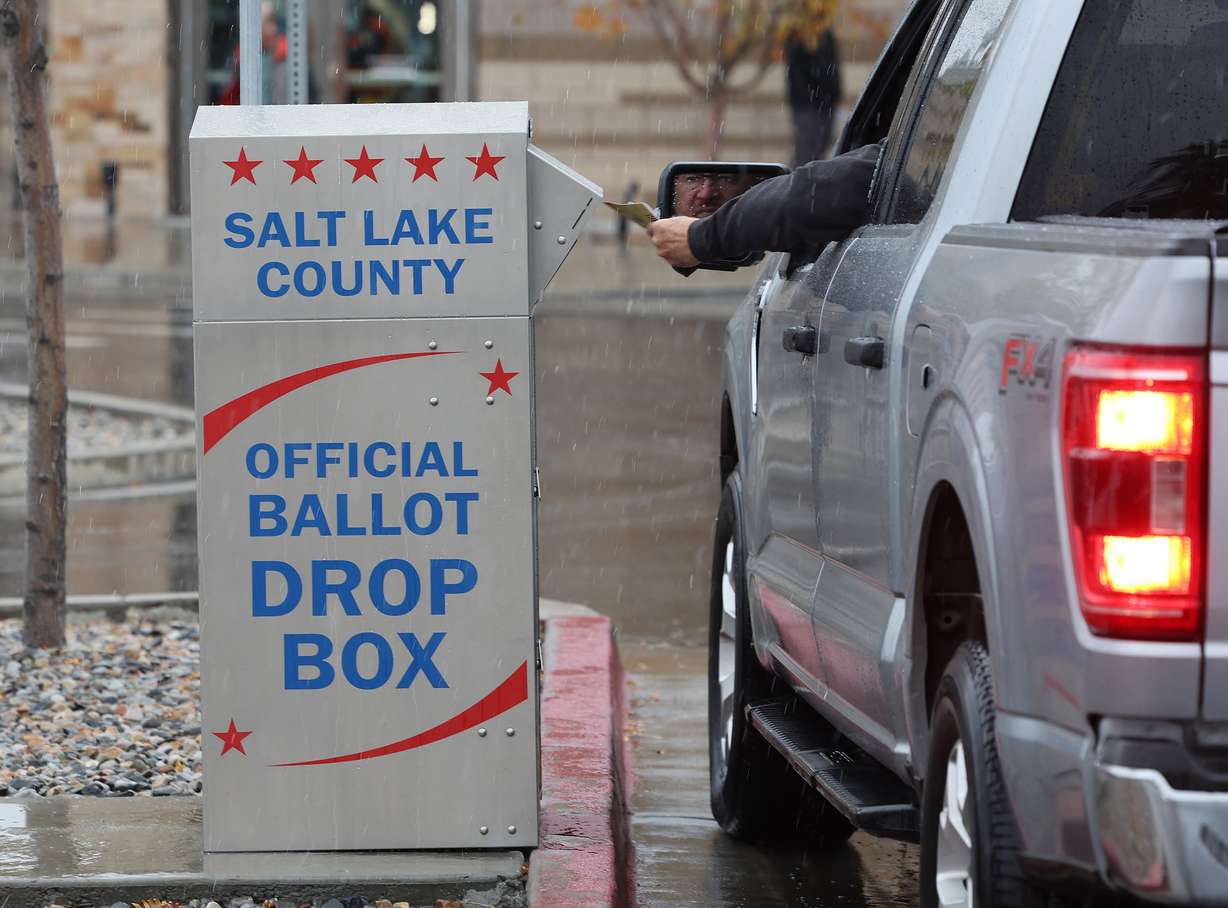 A ballot is dropped off at City Hall in Cottonwood Heights on Nov. 5.