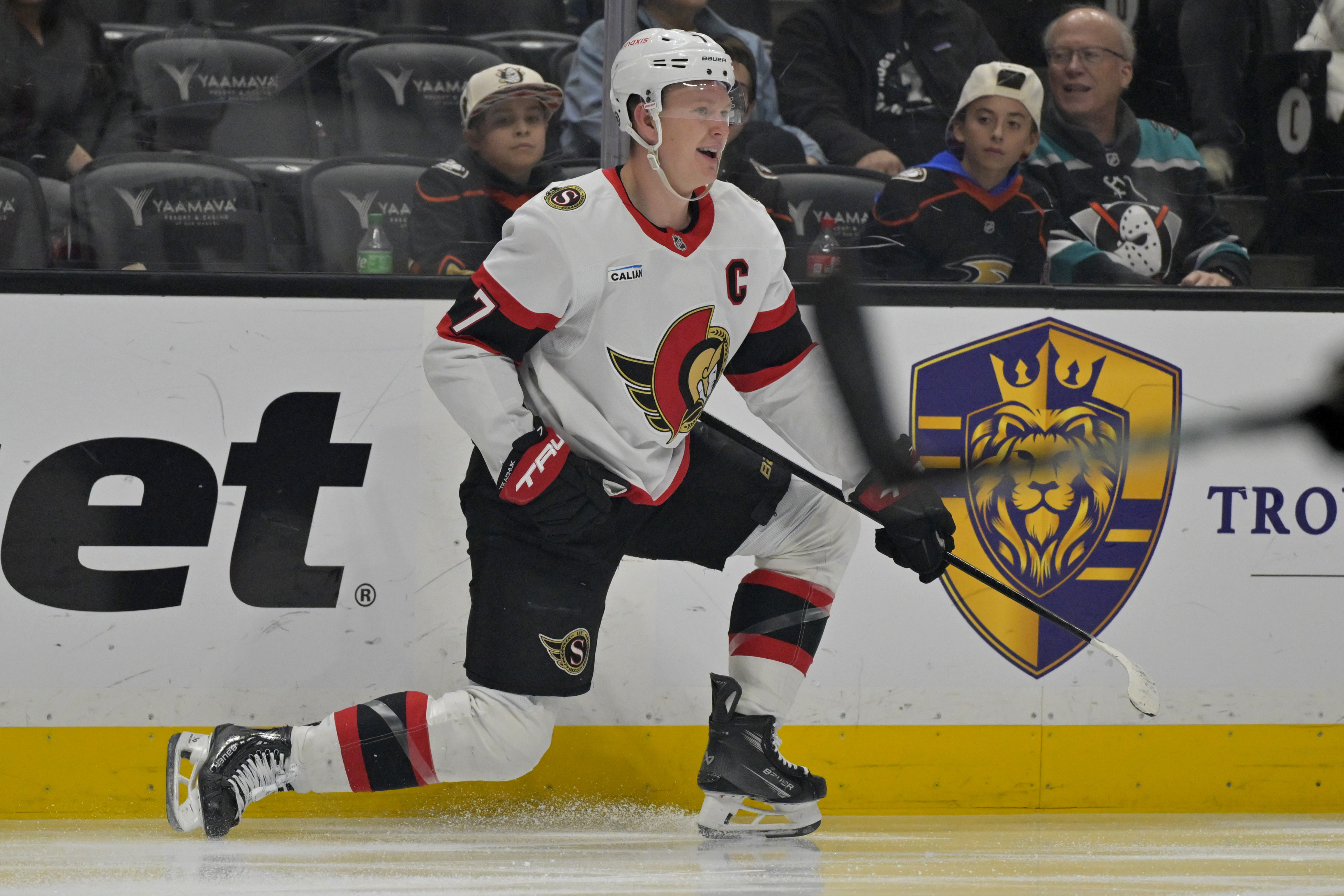 Ottawa Senators left wing Brady Tkachuk (7) celebrates after a scoring a goal during the second period of an NHL hockey game against the Anaheim Ducks, Sunday, Dec. 1, 2024, in Anaheim, Calif. 