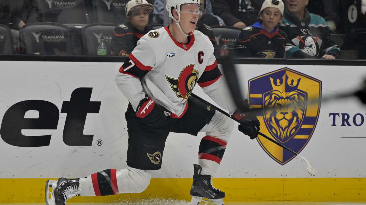 Ottawa Senators left wing Brady Tkachuk (7) celebrates after a scoring a goal during the second period of an NHL hockey game against the Anaheim Ducks, Sunday, Dec. 1, 2024, in Anaheim, Calif.