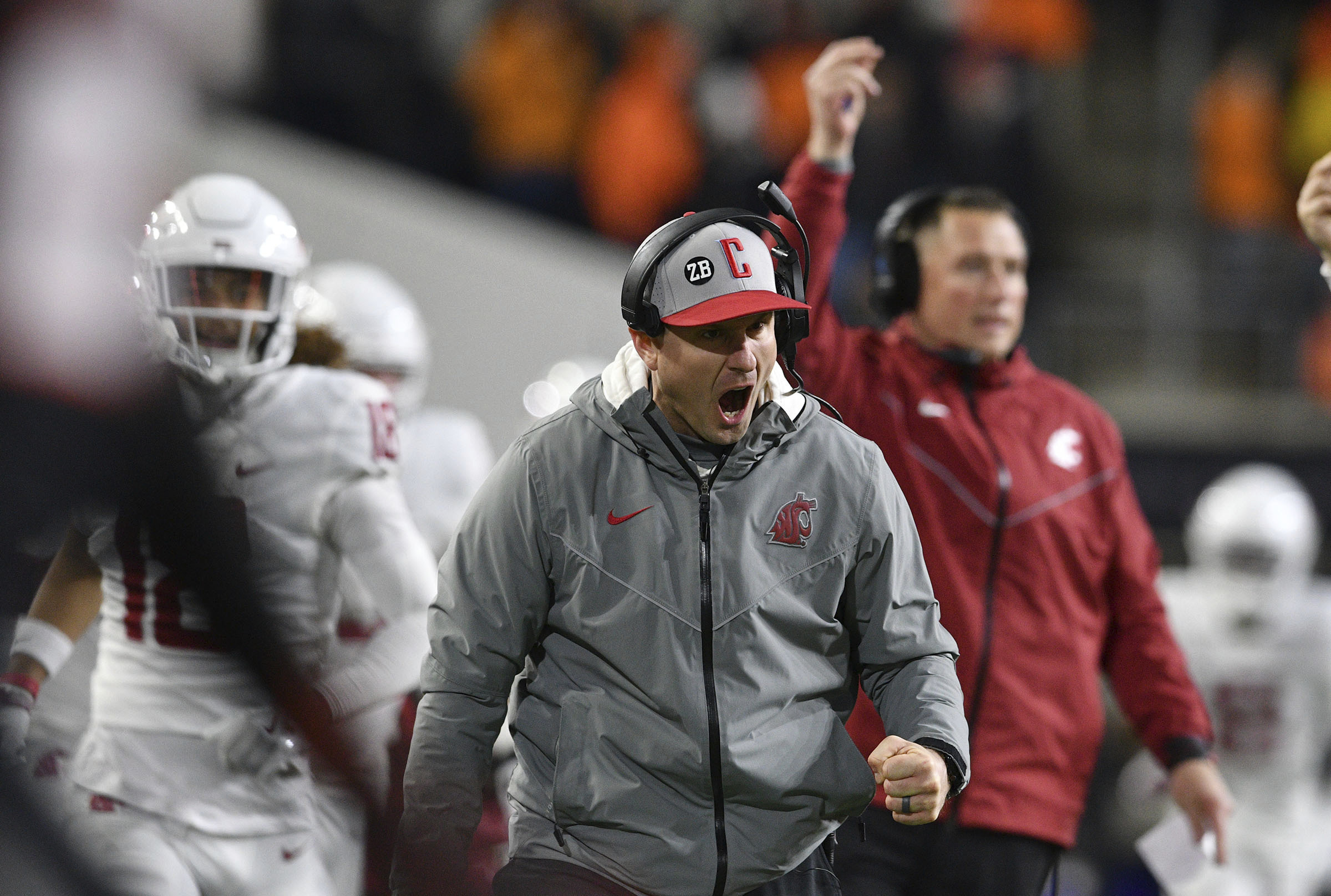 FILE - Washington State head coach Jake Dickert reacts to a touchdown against Oregon State during the second half of an NCAA college football game Saturday, Nov. 23, 2024, in Corvallis, Ore. Oregon State won 41-38. (AP Photo/Mark Ylen, File0