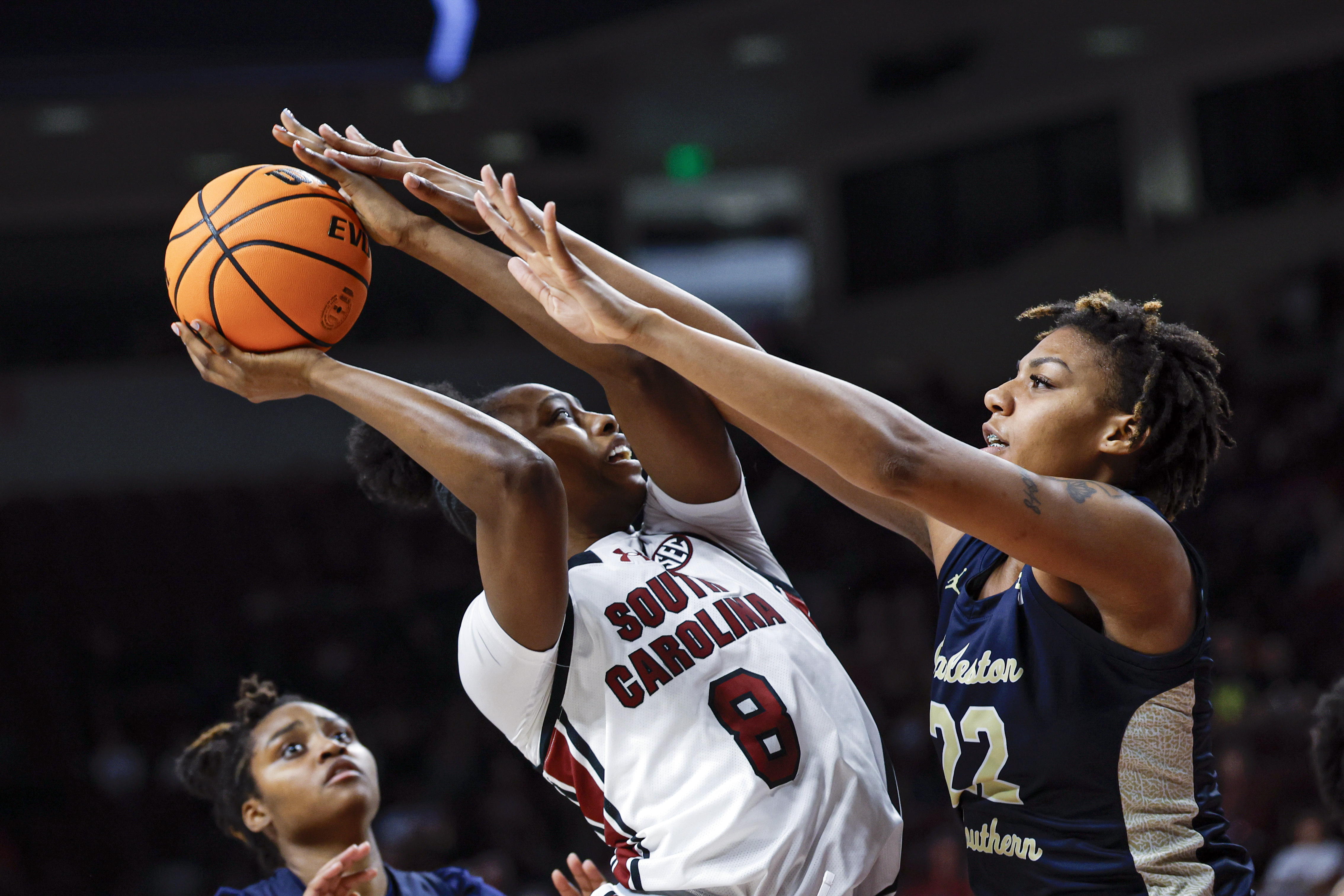 South Carolina forward Joyce Edwards (8) shoots against Charleston Southern forward Saniya Jones during the second half of an NCAA college basketball game in Columbia, S.C., Thursday, Dec. 19, 2024. 