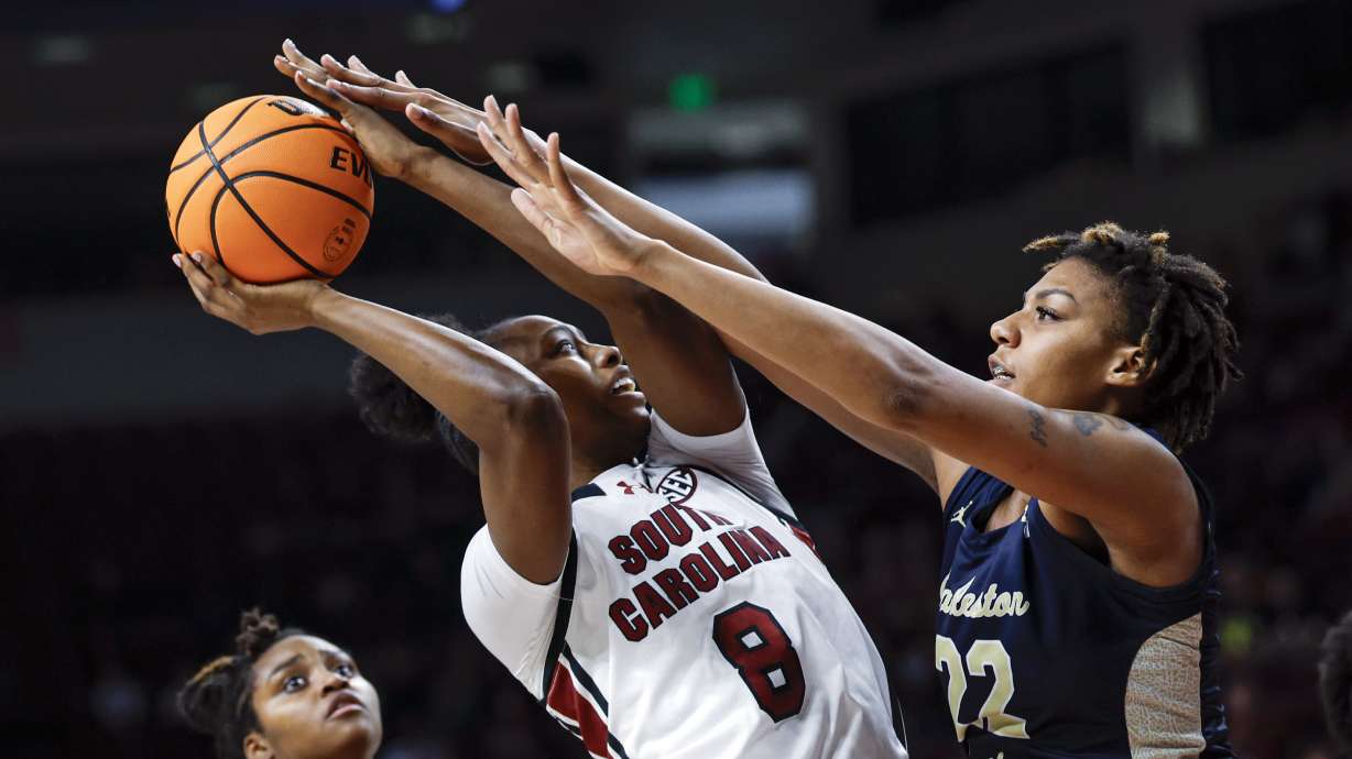 South Carolina forward Joyce Edwards (8) shoots against Charleston Southern forward Saniya Jones during the second half of an NCAA college basketball game in Columbia, S.C., Thursday, Dec. 19, 2024.