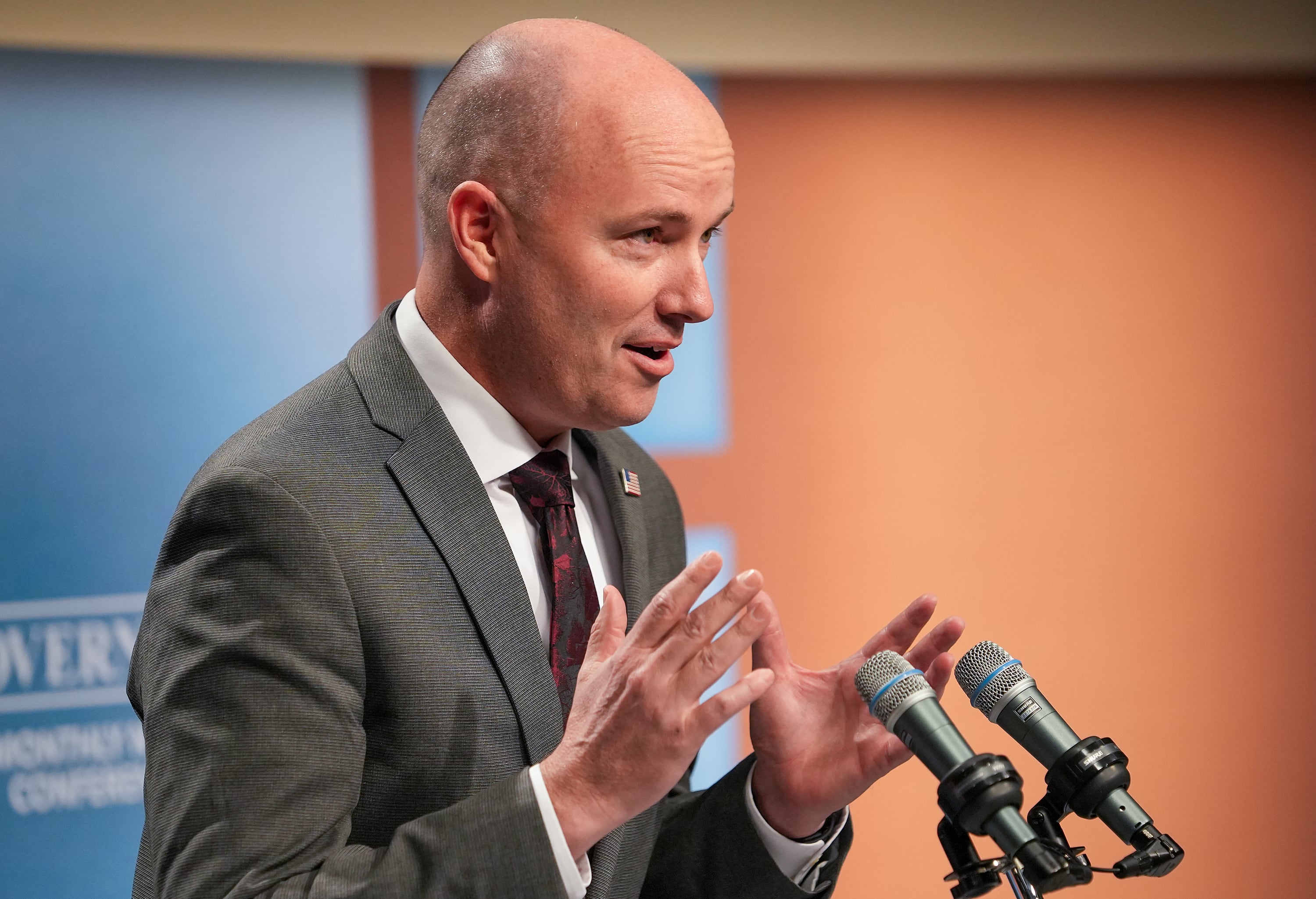 Gov. Spencer Cox speaks with reporters during a news conference in Salt Lake City Thursday.