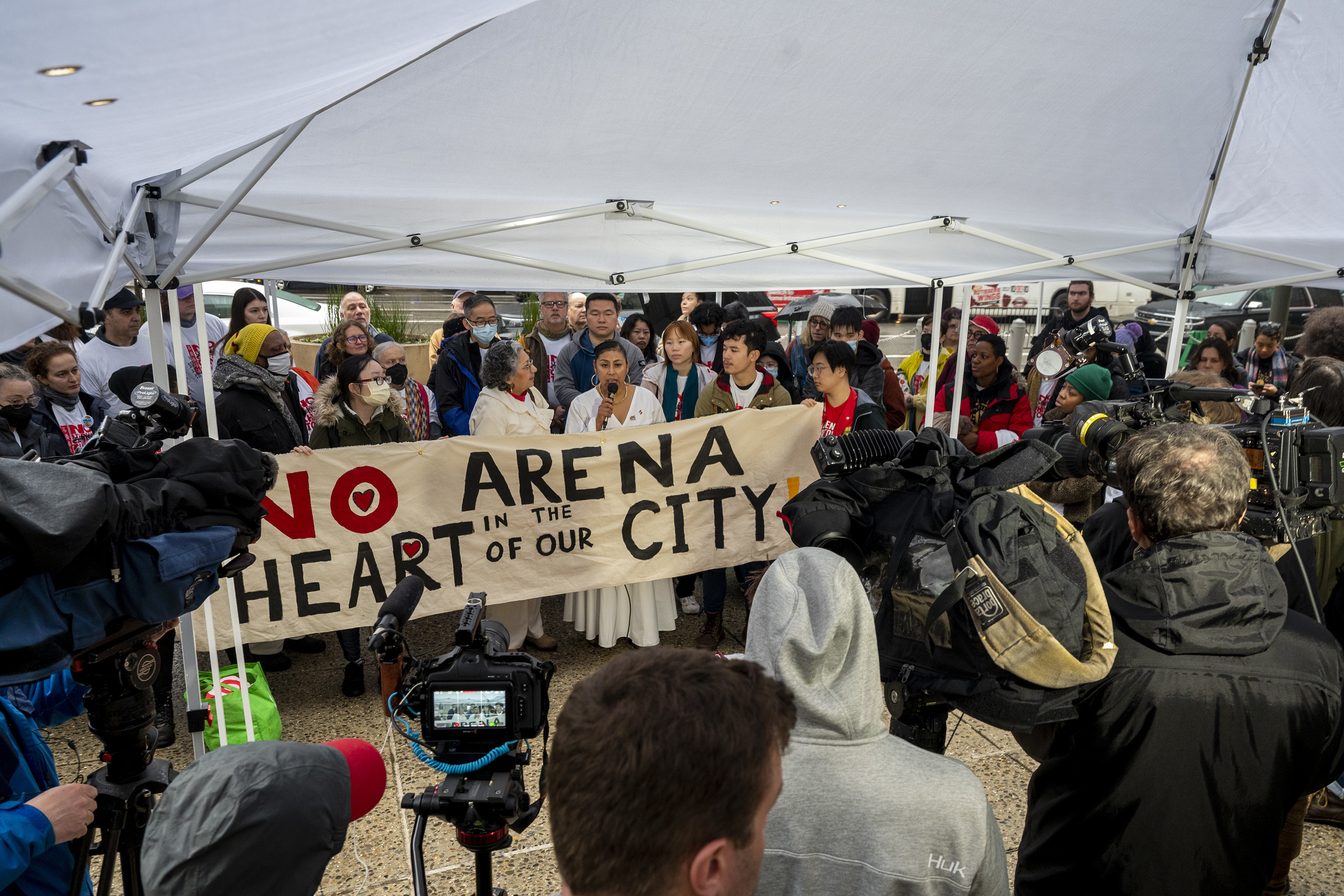 FILE - Opponents of the Sixers plan to build a new arena inCenter City hold a press conference outside City Hall before Philadelphia City Council holds their first regular meeting of the year, Jan. 25, 2024. 