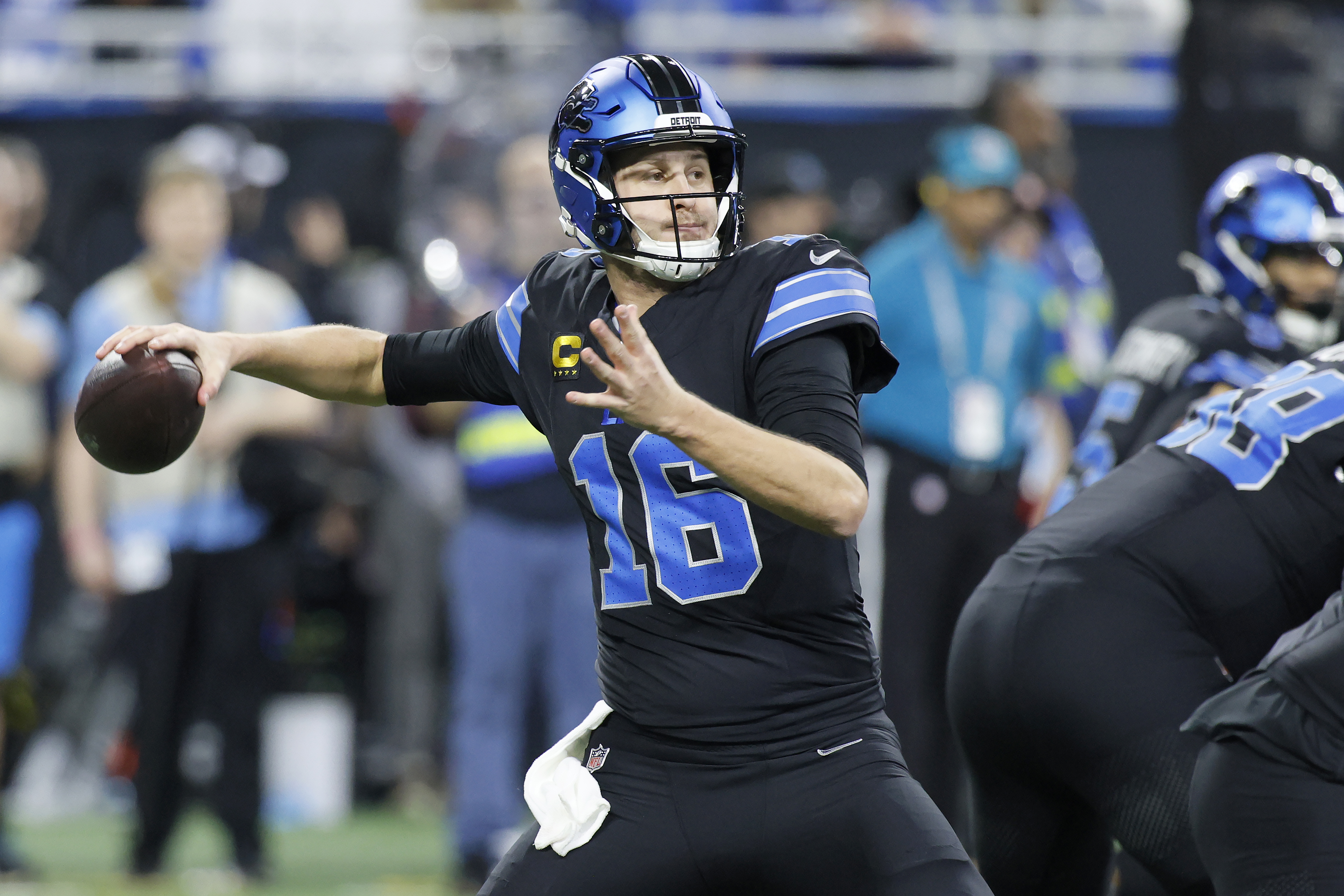 Detroit Lions quarterback Jared Goff (16) passes against the Buffalo Bills during the first half of an NFL football game, Sunday, Dec. 15, 2024, in Detroit. 