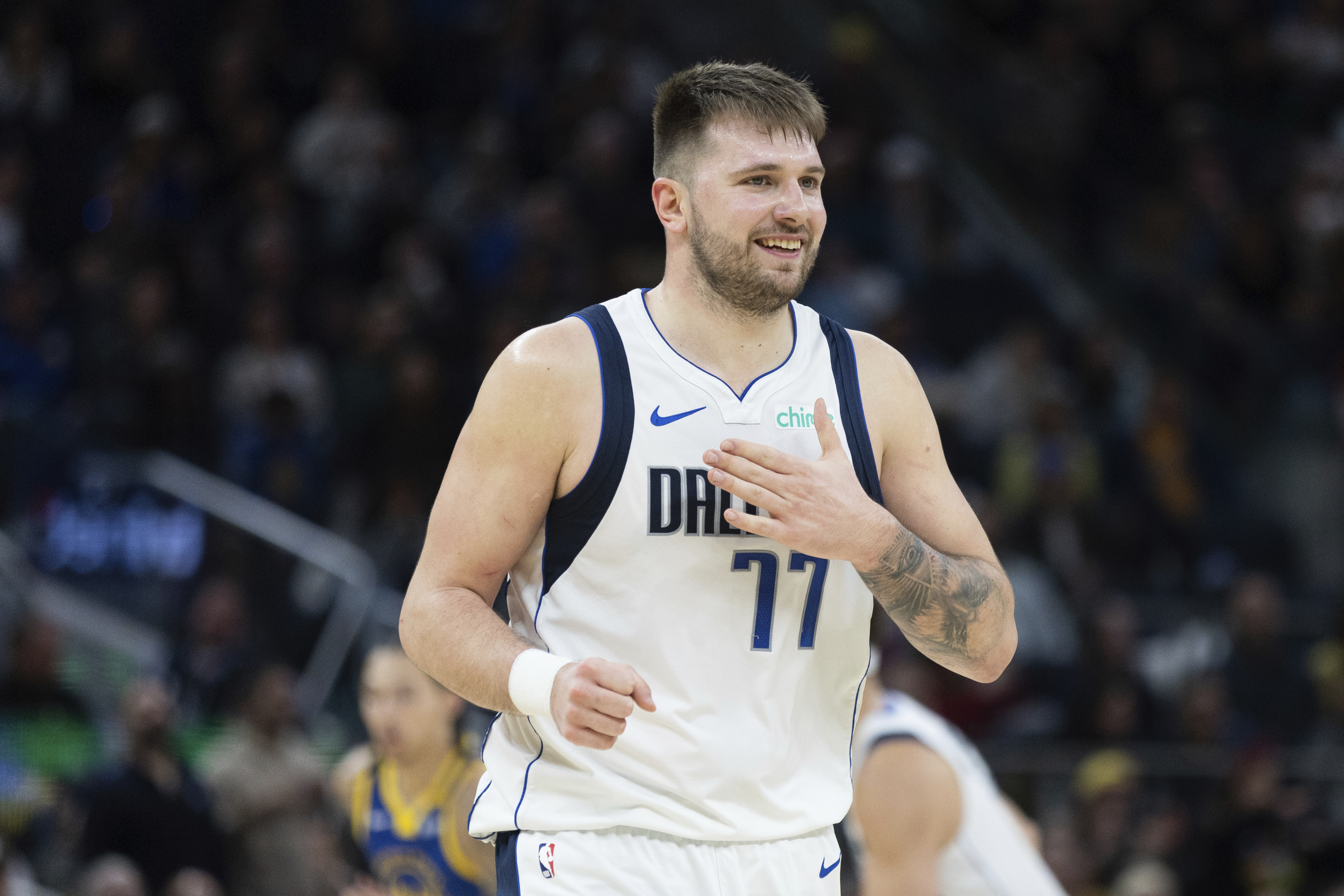 Dallas Mavericks forward Luka Doncic gestures during the second half of an NBA basketball game against the Golden State Warriors Sunday, Dec. 15, 2024, in San Francisco. 