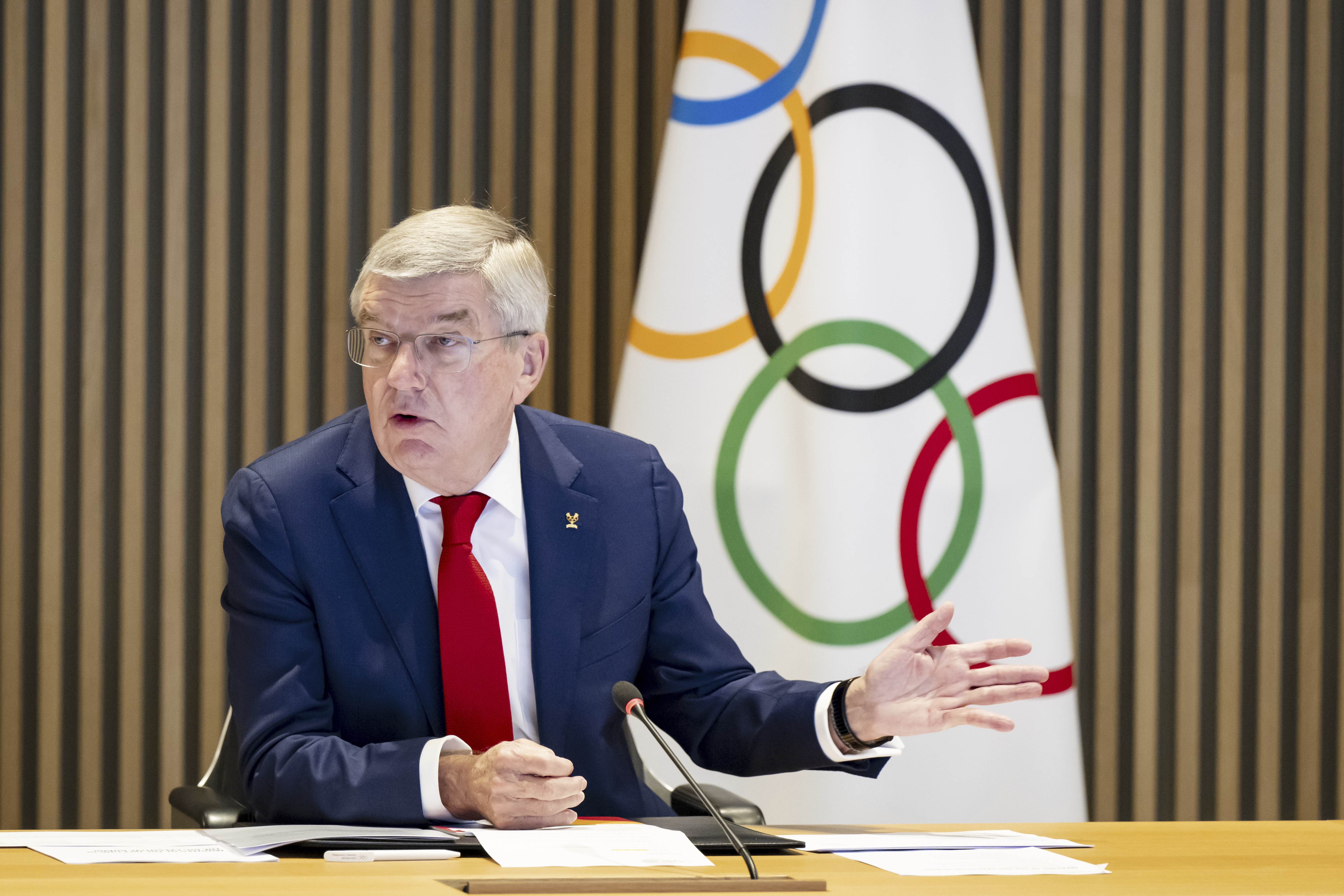 International Olympic Committee (IOC) President Thomas Bach speaks at the opening of the executive board meeting of the IOC, at the Olympic House, in Lausanne, Switzerland, Tuesday, Dec. 3, 2024.