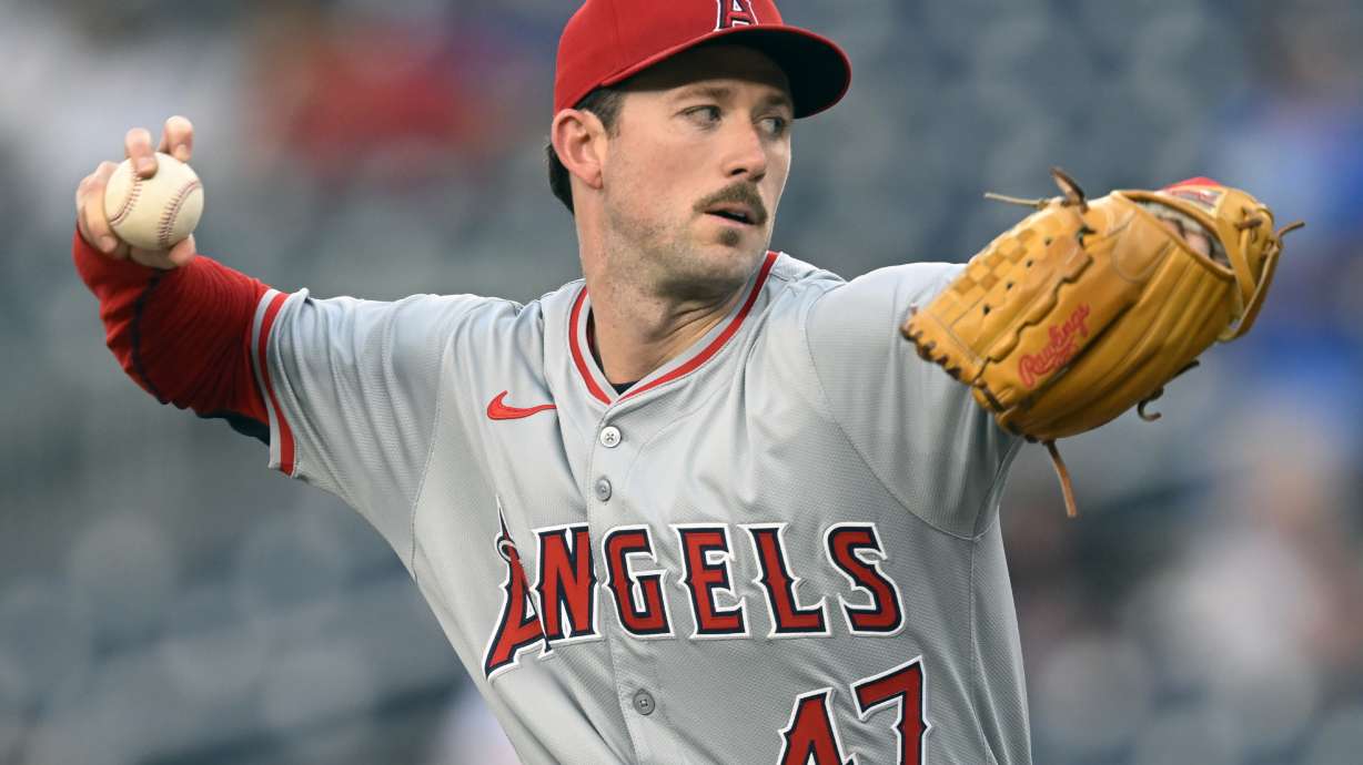FILE - Los Angeles Angels starting pitcher Griffin Canning throws during the first inning of a baseball game against the Washington Nationals, Aug. 10, 2024, in Washington.