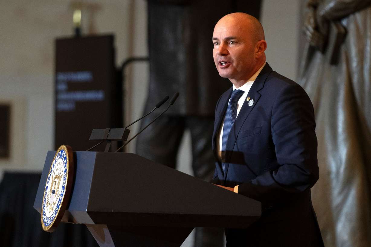 Sen. Mike Lee, R-Utah, speaks during a ceremony to unveil a statue of Martha Hughes Cannon of Utah on Capitol Hill, Dec. 11, in Washington.