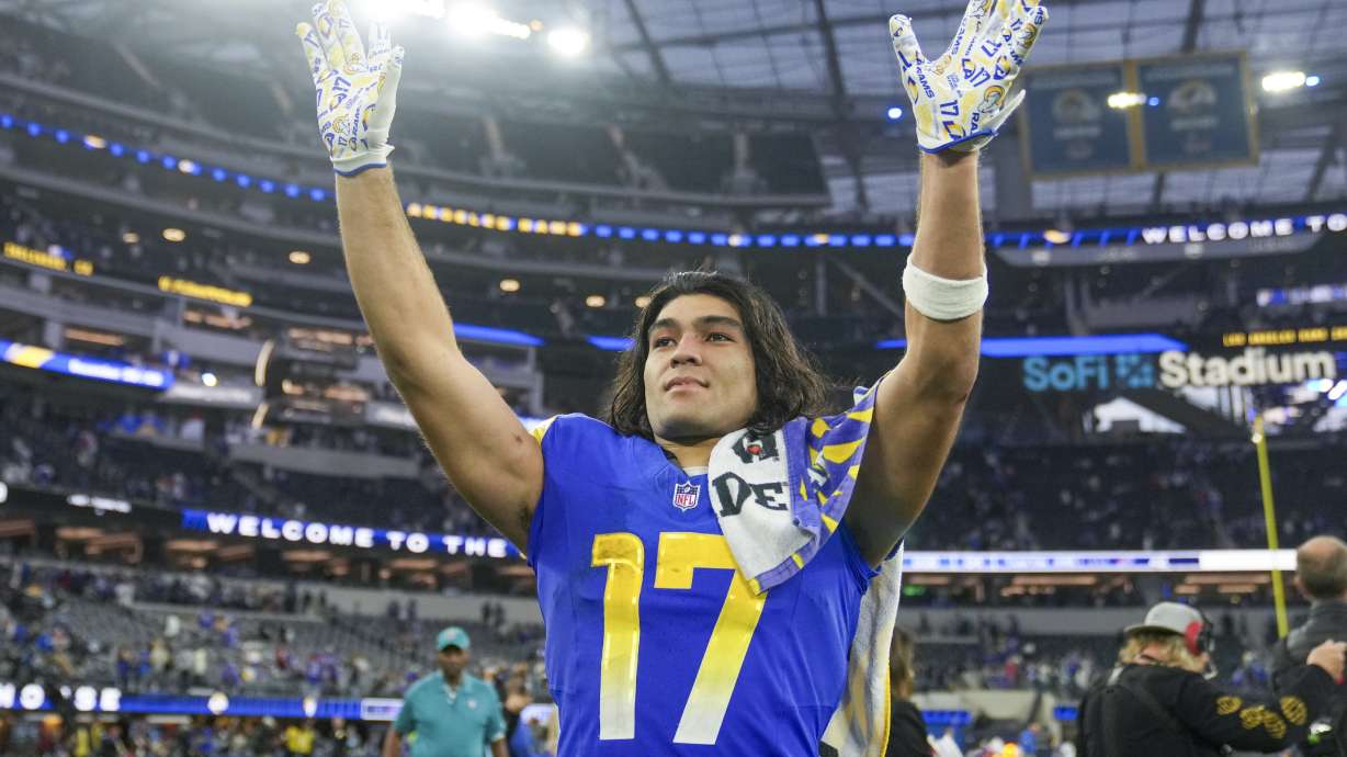 Los Angeles Rams wide receiver Puka Nacua reacts following an NFL football game against the Buffalo Bills, Sunday, Dec. 8, 2024, in Inglewood, Calif. The Rams won 44-42.