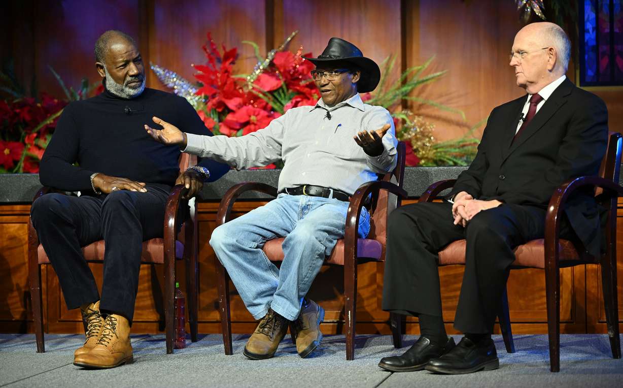 Special guest Charles Mulli, speaks as the Tabernacle Choir at Temple Square holds a press conference presenting guest artists for its annual Christmas Concerts this week with Dennis Haysbert and Mack Wilberg, music director of the choir, at the Conference Center in Salt Lake City on Friday.