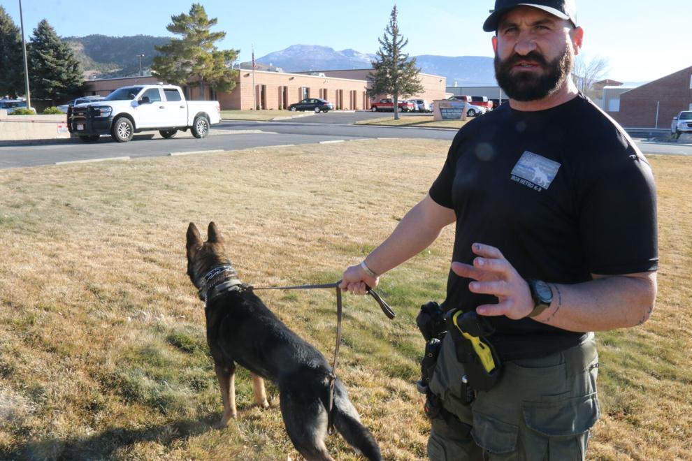 Iron County sheriff's deputy Jared O'Mealy takes his new K-9 training partner, Dan-O, out for a training session Wednesday.