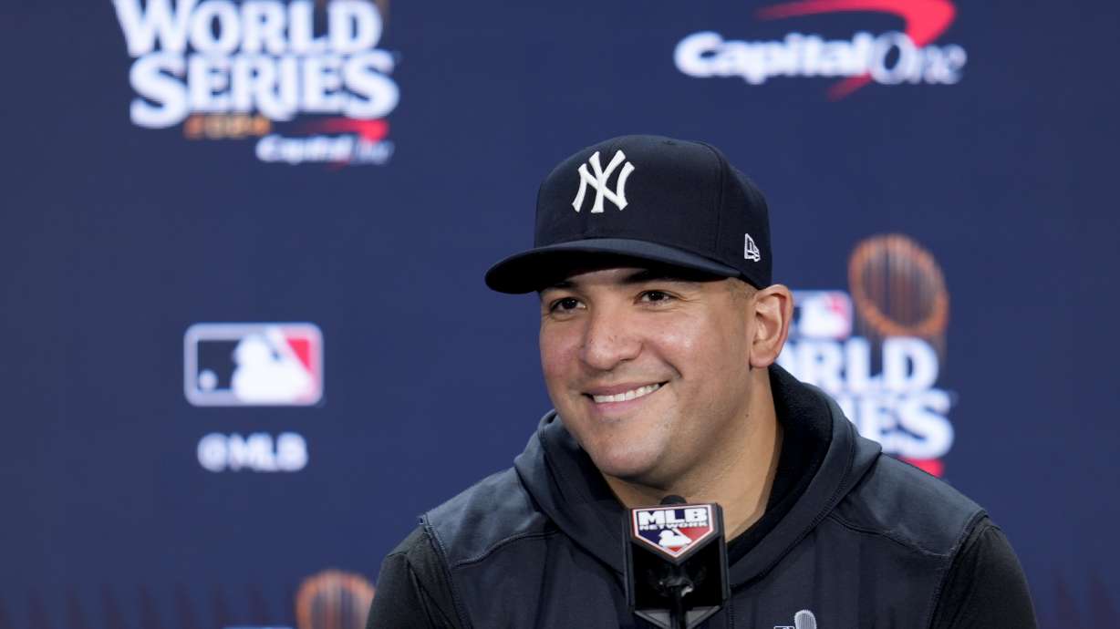 FILE - New York Yankees catcher Jose Trevino speaks during a news conference before Game 3 of the baseball World Series against the Los Angeles Dodgers, Monday, Oct. 28, 2024, in New York.