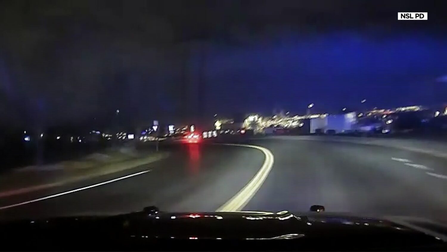 Dash camera of the North Salt Lake police officer attempting to catch up with the suspect car Tuesday.