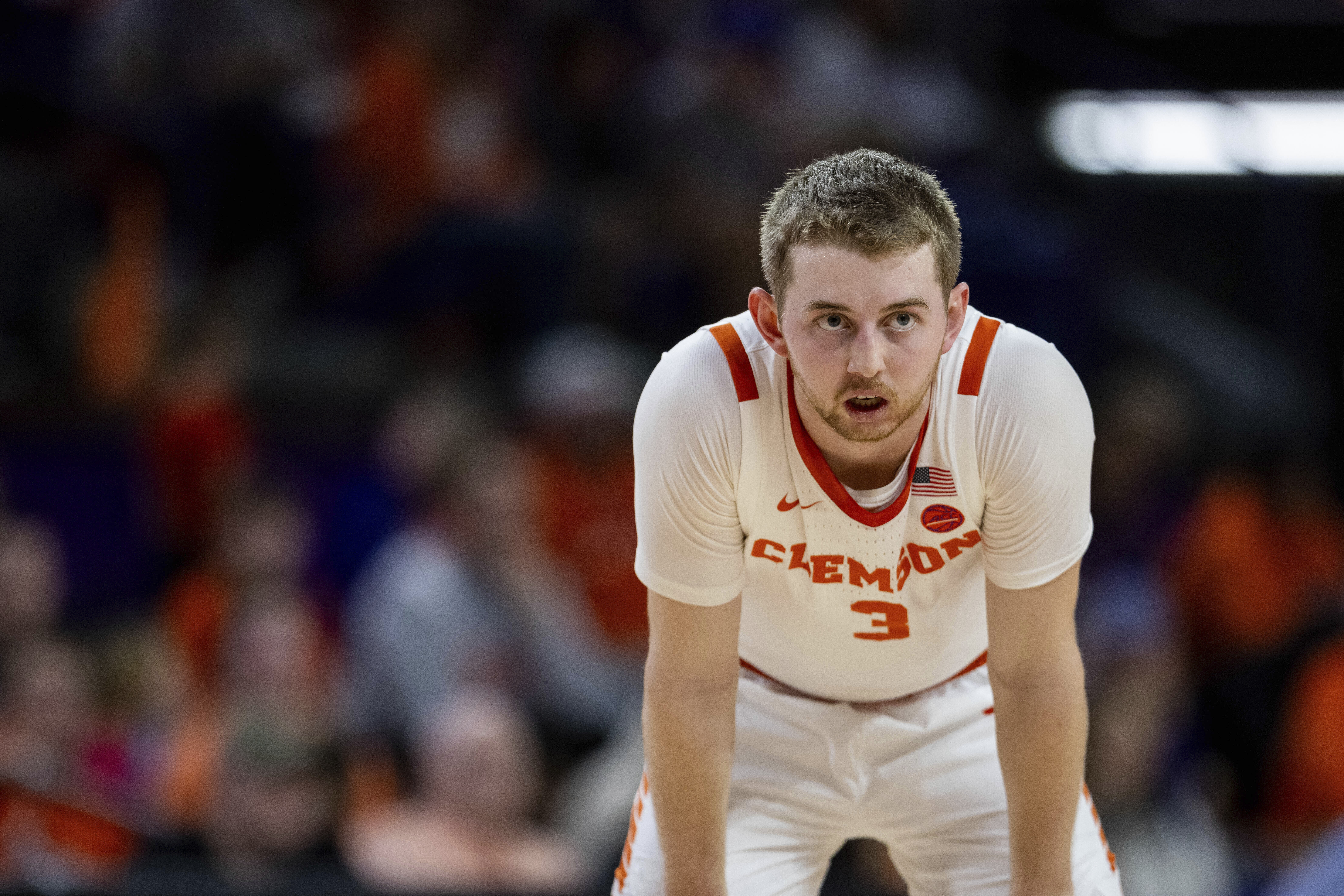 Clemson Tigers guard Jake Heidbreder (3) takes break against the Wake Forest Demon Deacons during the first half of an NCAA basketball game on Saturday, Dec. 21, 2024, in Clemson, N.C. 