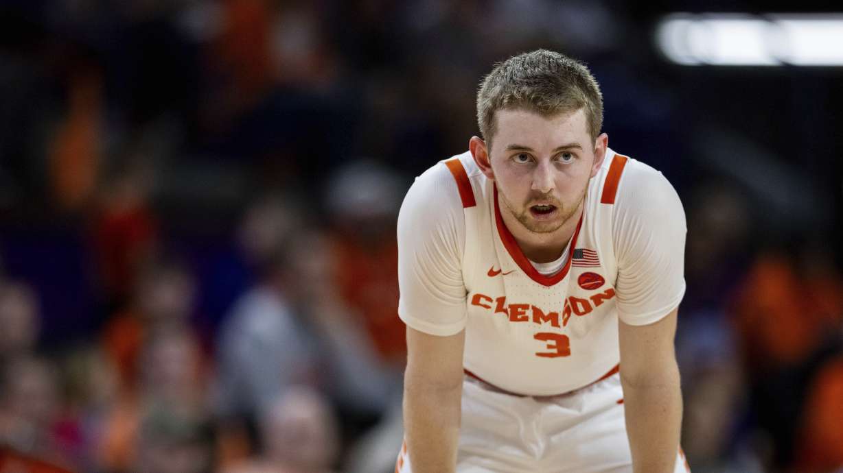 Clemson Tigers guard Jake Heidbreder (3) takes break against the Wake Forest Demon Deacons during the first half of an NCAA basketball game on Saturday, Dec. 21, 2024, in Clemson, N.C.