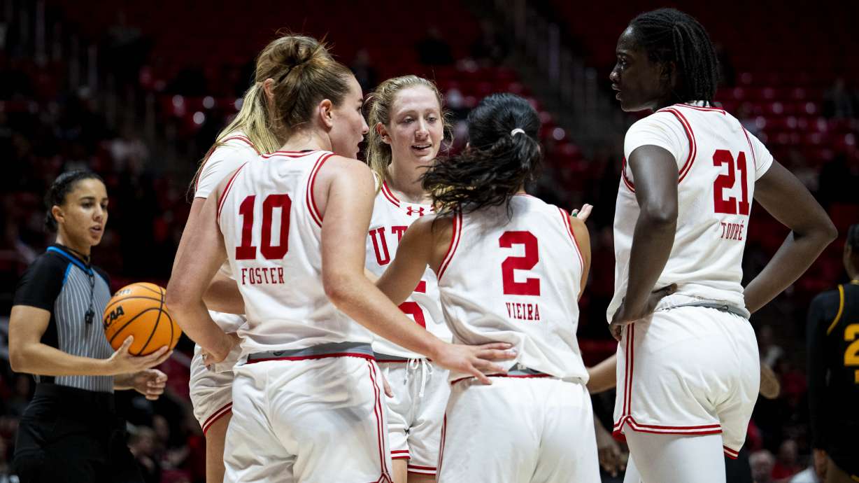 Utah Utes guard Gianna Kneepkens (5) talks with her teammates during an NCAA women’s basketball game between the University of Utah and Arizona State University held at the Jon M. Huntsman Center in Salt Lake City on Saturday, Dec. 21, 2024.