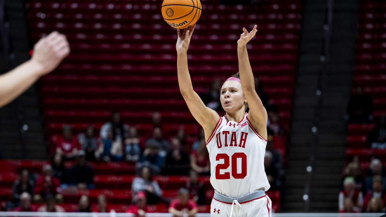 Utah Utes forward Reese Ross (20) shoots the ball during an NCAA women’s basketball game between the University of Utah and Arizona State University held at the Jon M. Huntsman Center in Salt Lake City on Saturday, Dec. 21, 2024.