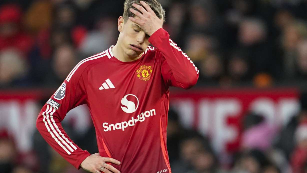 Manchester United's Alejandro Garnacho is dejected after missing an opportunity to score during the English Premier League soccer match between Manchester United and Bournemouth at the Old Trafford stadium in Manchester, England, Sunday, Dec. 22, 2024.