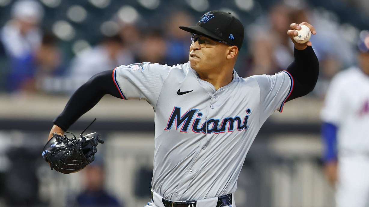 FILE - Miami Marlins' Jesús Luzardo pitches against the New York Mets during the first inning of a baseball game, Tuesday, June 11, 2024, in New York.