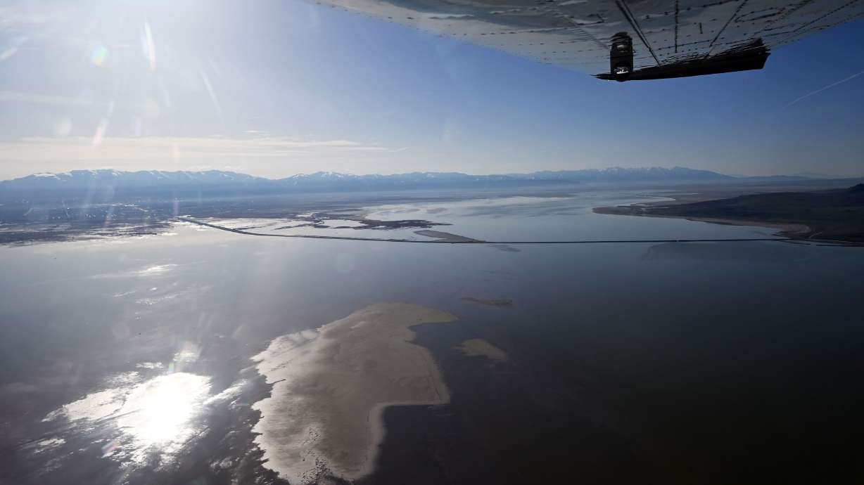 Antelope Island Causeway during an EcoFlight around the Great Salt Lake on April 9. Three bills that Sen. Mike Lee says are big wins for Utah are on their way to President Joe Biden's desk.