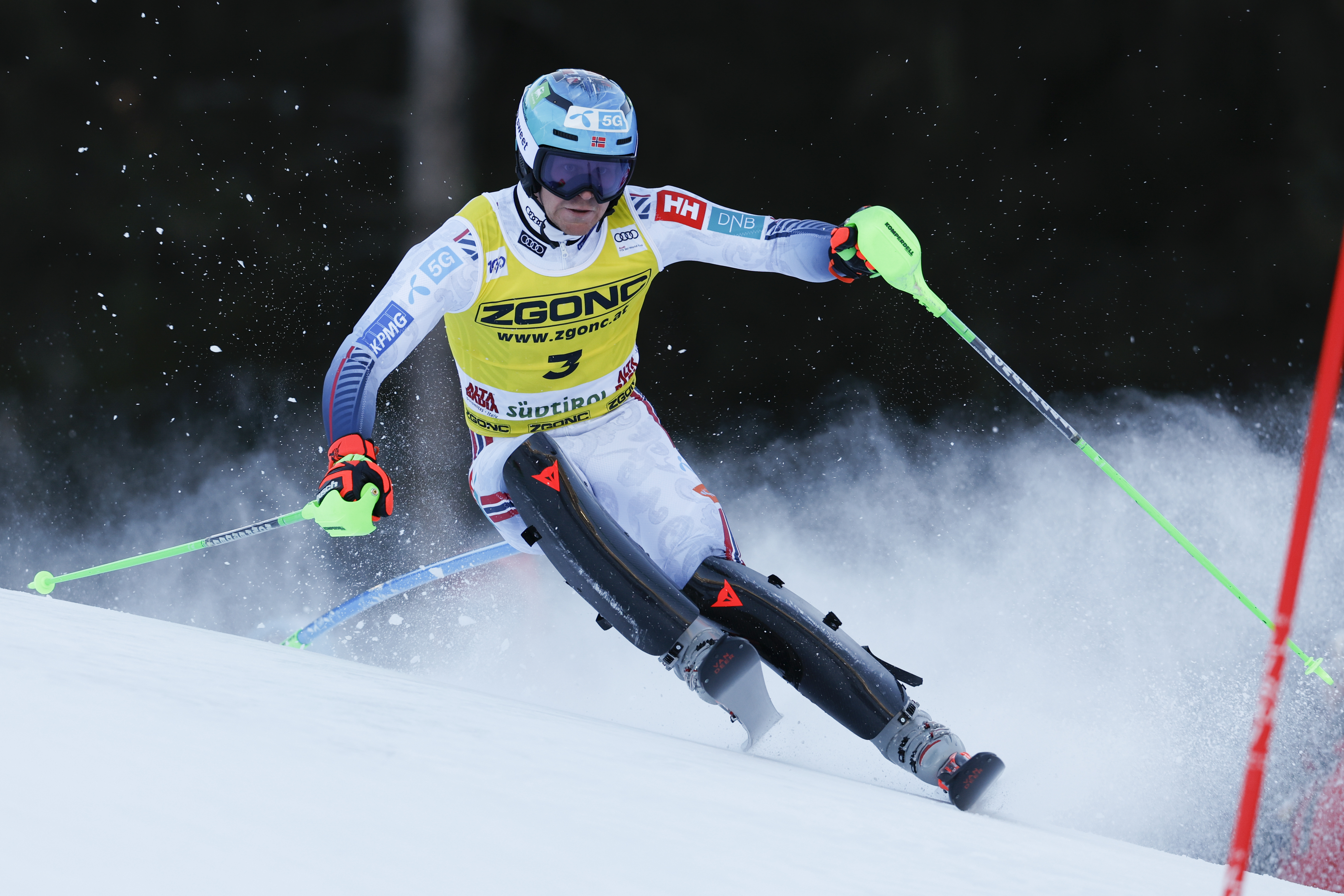 Norway's Timon Haugan speeds down the course during an alpine ski, men's World Cup slalom, in Alta Badia, Italy, Monday, Dec. 23, 2024. 
