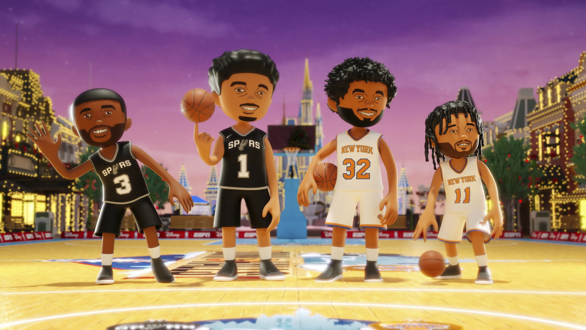 This illustration released by ESPN shows from left, San Antonio Spurs' Chris Paul (3), Victor Wembanyama (1), and New York Knicks' Karl-Anthony Towns (32) and Jalen Brunson (11), before an animated Christmas Day basketball game at Walt Disney World, featuring Mickey Mouse, Minnie Mouse and Goofy. 