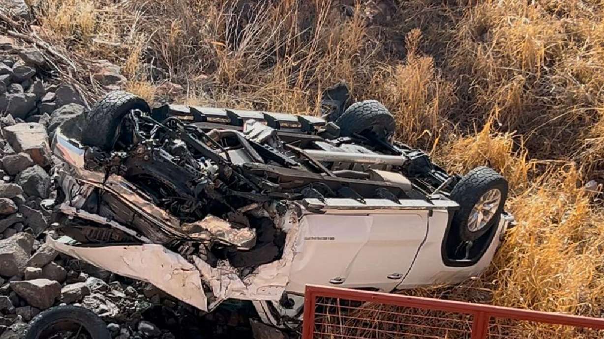 An SUV landed on its roof after a 30-foot drop from an overpass ramp on I-15 near Dixie Drive in St. George on Sunday.