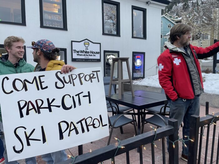 A group of ski patrollers and mountain safety personnel held a strike fund fundraiser at O'Shucks White House in Park City Sunday, to raise money to cover their bills in the event they do stop work.