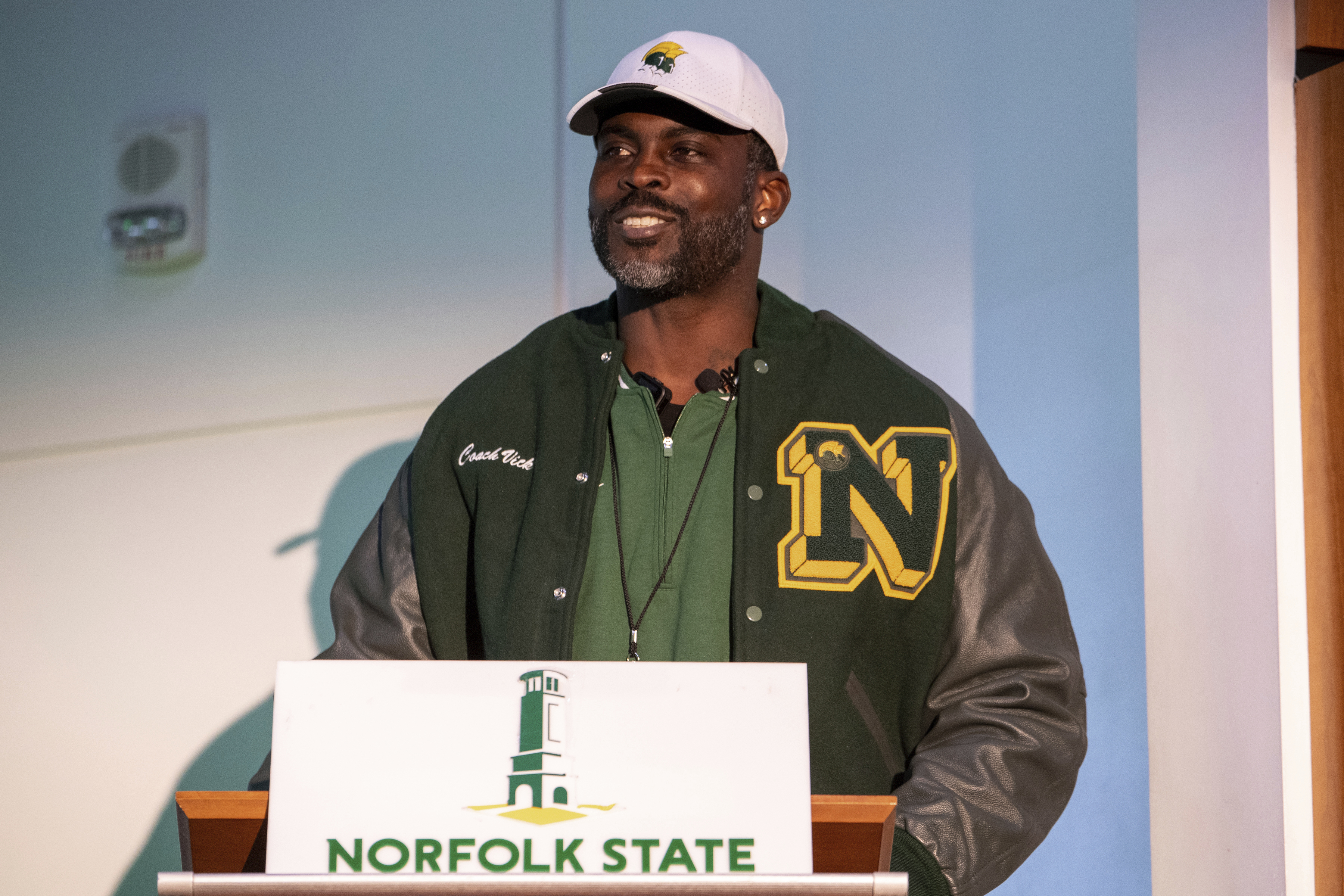 Michael Vick speaks to media and attendees after he is introduced as the head coach of the Norfolk State football team during a press conference on Monday, Dec. 23, 2024 in Norfolk, Va.