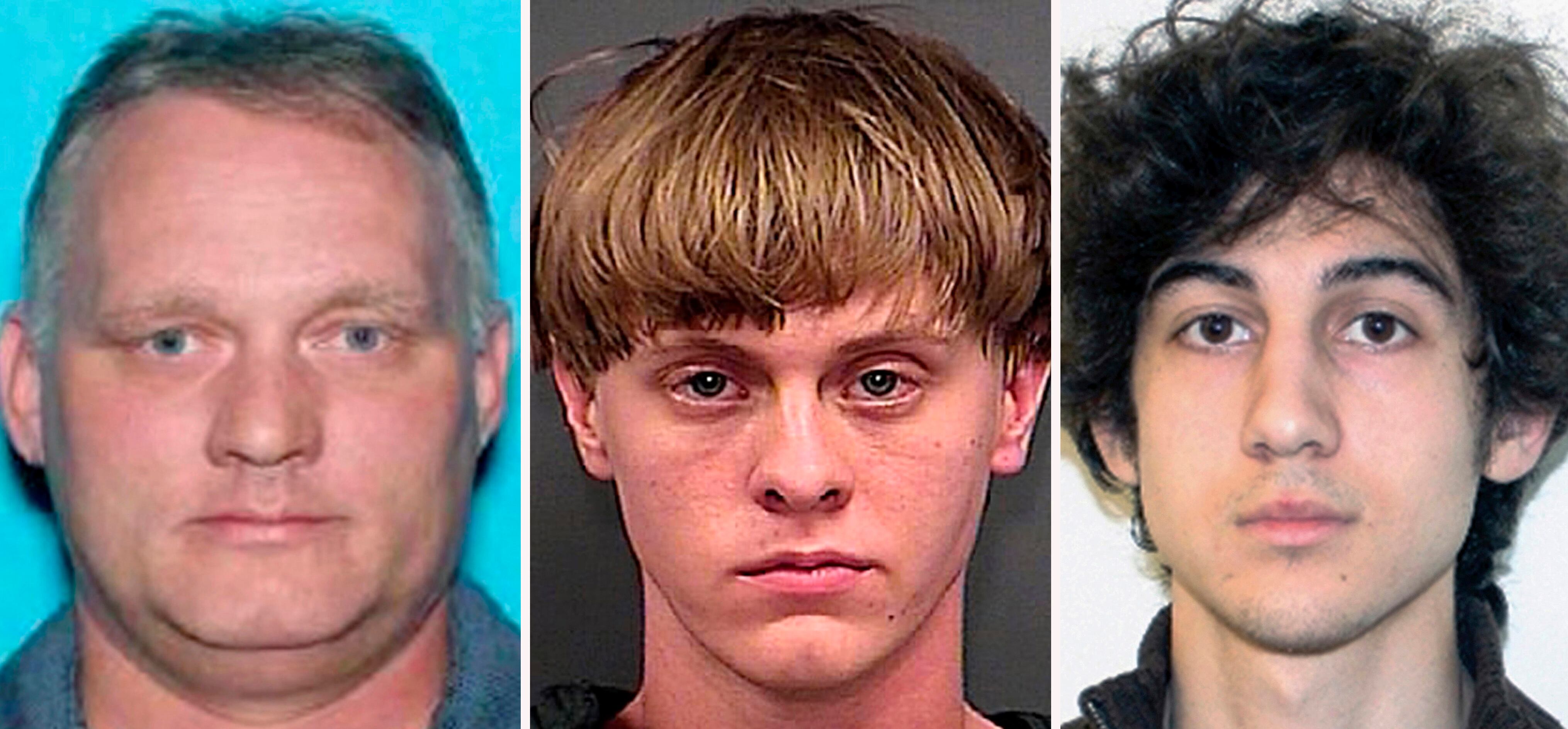 This combination photo shows federal death row inmates Robert Bowers, from left, the gunman who massacred 11 worshippers at a Pittsburgh synagogue in 2018; Dylann Roof, who committed racist slayings of nine members of a Black South Carolina congregation; and Dzhokhar Tsarnaev, convicted for carrying out the April 15, 2013, Boston Marathon bombing attack. President Joe Biden commuted the sentences of 37 of the 40 people on federal death row, converting their punishments to life imprisonment, but left Bowers, Roof and Tsarnaev still facing execution.