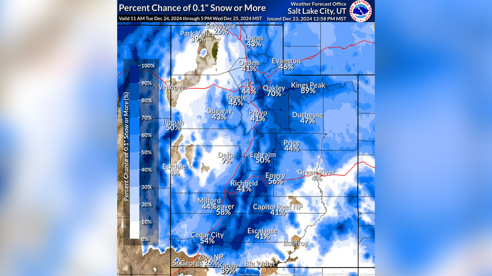 This map shows the probability of at least 0.1 inches of snowfall by 5 p.m. on Christmas Day.