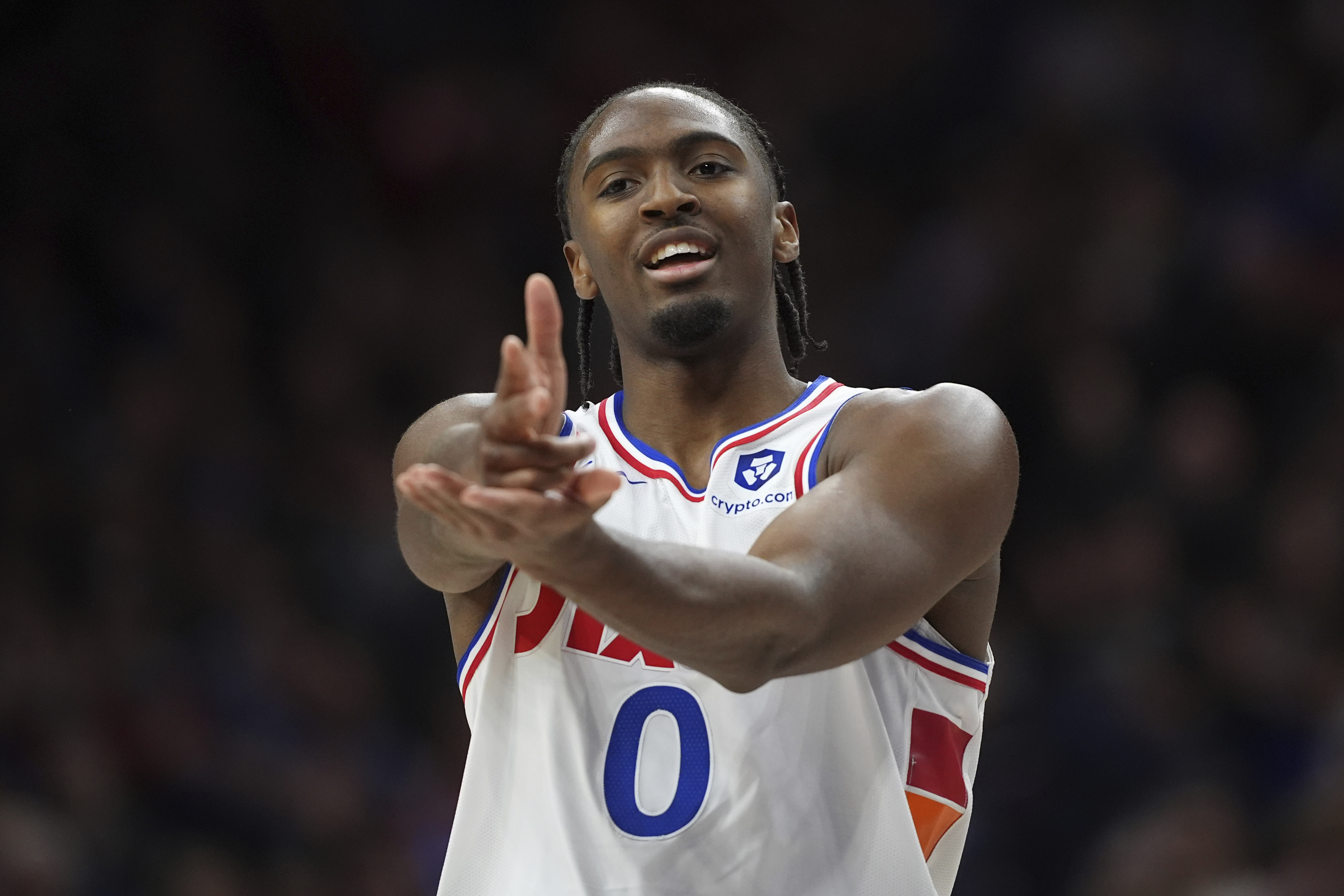 Philadelphia 76ers' Tyrese Maxey reacts after scoring during the second half of an NBA basketball game against the San Antonio Spurs, Monday, Dec. 23, 2024, in Philadelphia. 