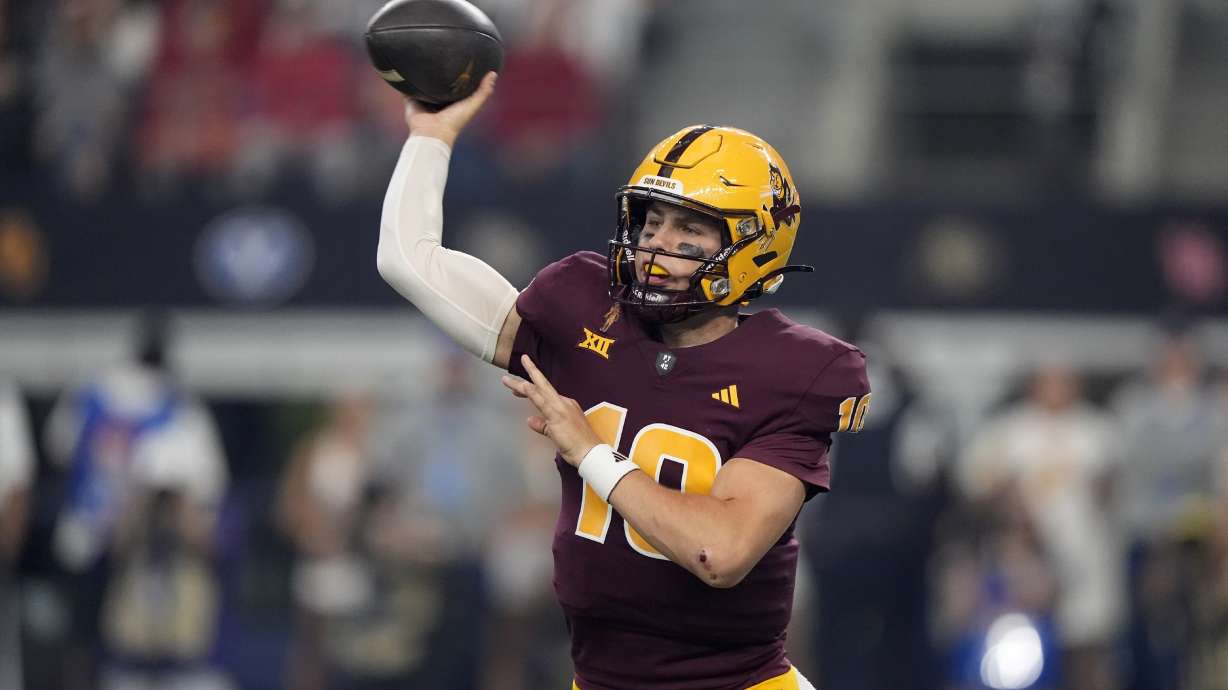 FILE - Arizona State quarterback Sam Leavitt (10) throws a pass in the first half of the Big 12 Conference championship NCAA college football game against Iowa State, in Arlington, Texas, Saturday Dec. 7, 2024.