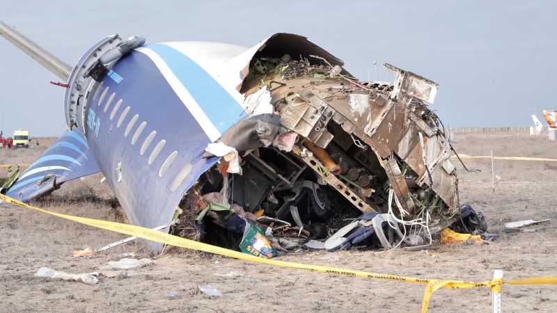 In this photo taken from a video, the wreckage of Azerbaijan Airlines Embraer 190 lies on the ground near the airport of Aktau, Kazakhstan, Wednesday.