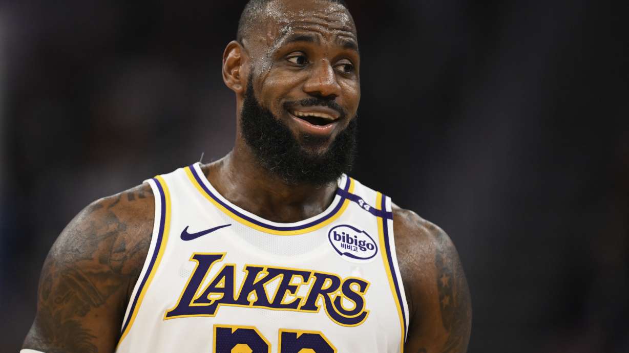 Los Angeles Lakers forward LeBron James (23) looks on during the first half of an NBA basketball game against the Golden State Warriors, Wednesday, Dec. 25, 2024, in San Francisco.