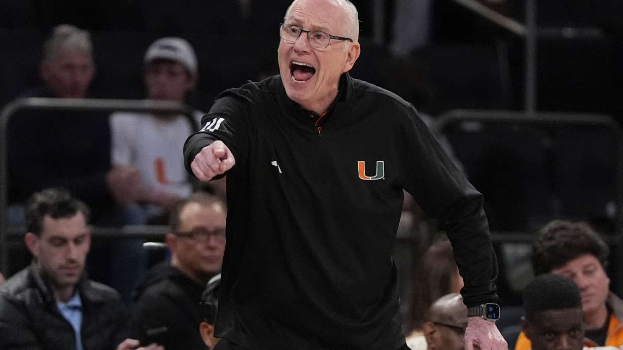 Miami head coach Jim Larranaga yells from the sideline during the first half of an NCAA college basketball game against Tennessee, Tuesday, Dec. 10, 2024, in New York.