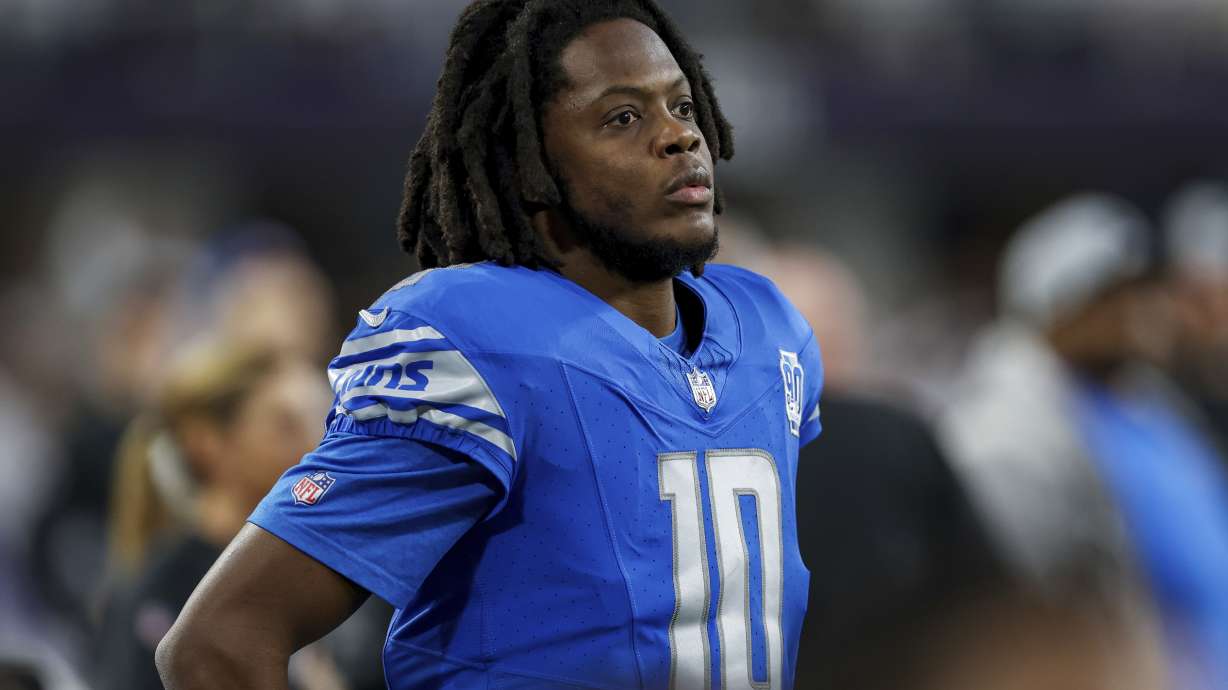 FILE - Detroit Lions quarterback Teddy Bridgewater (10) is seen on the sideline during the second half of an NFL football game against the Minnesota Vikings, Dec. 24, 2023 in Minneapolis.