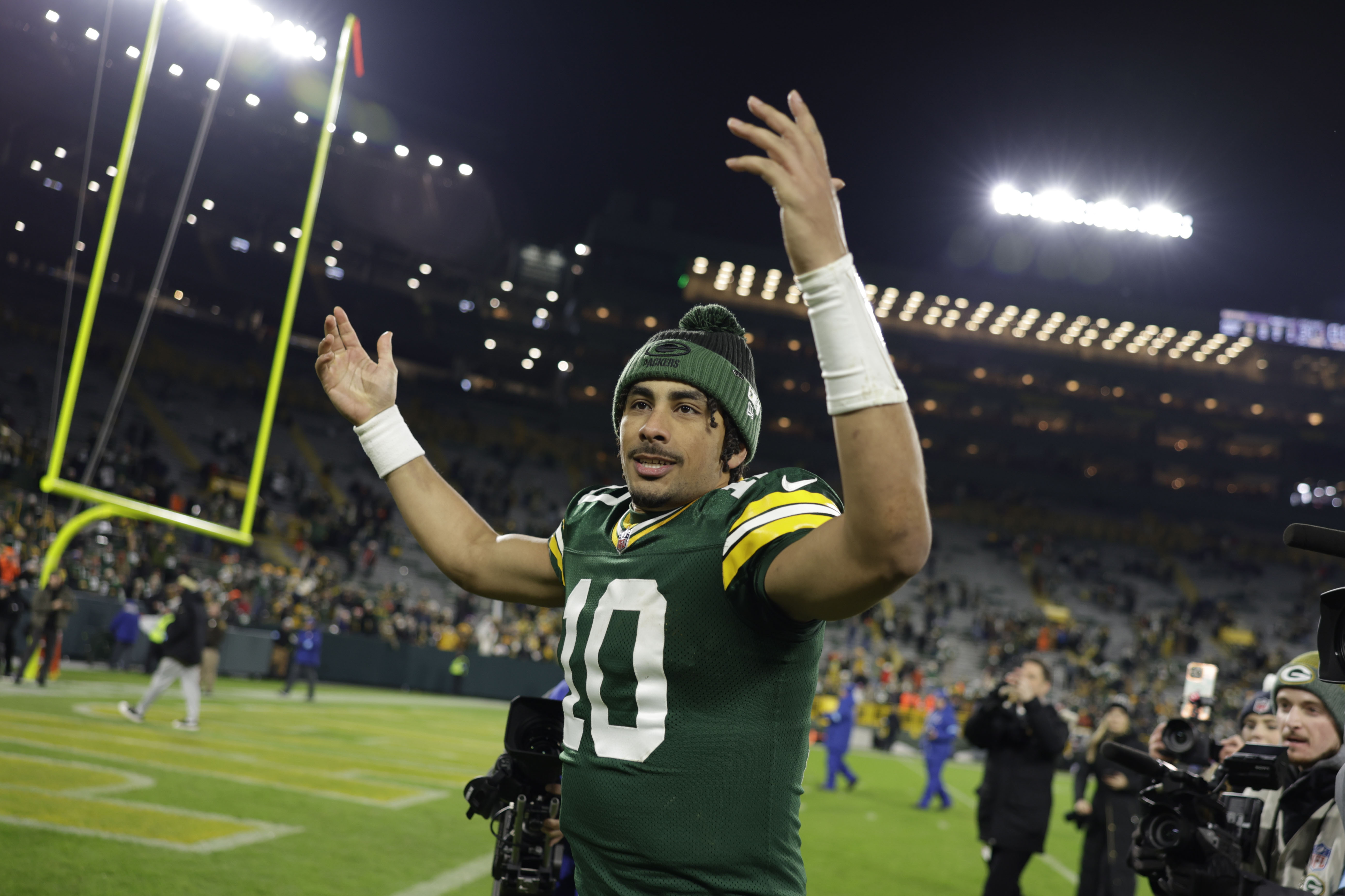 Green Bay Packers quarterback Jordan Love (10) celebrates after an NFL football game against the New Orleans Saints, Monday, Dec. 23, 2024, in Green Bay, Wis. The Packers won 34-0.