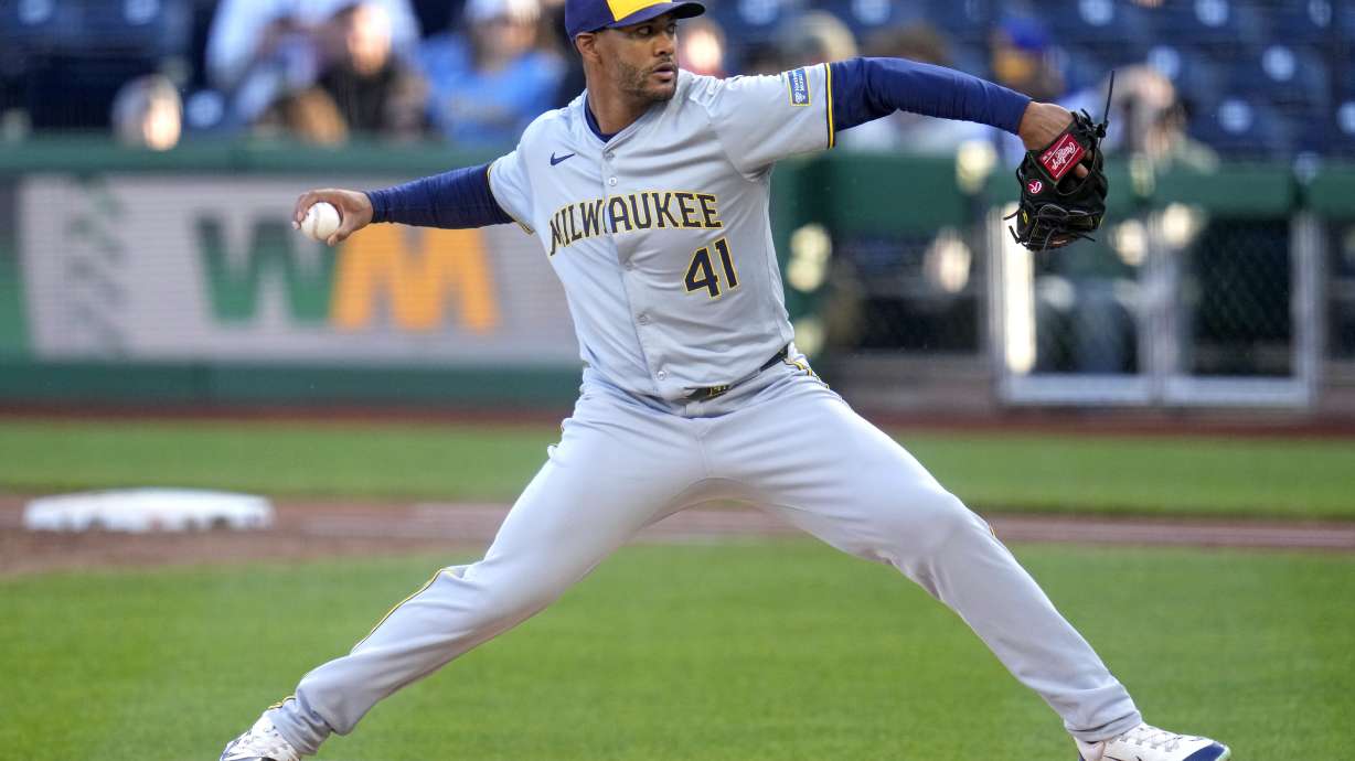 FILE - Milwaukee Brewers starting pitcher Joe Ross delivers during the first inning of a baseball game against the Pittsburgh Pirates in Pittsburgh, April 22, 2024.