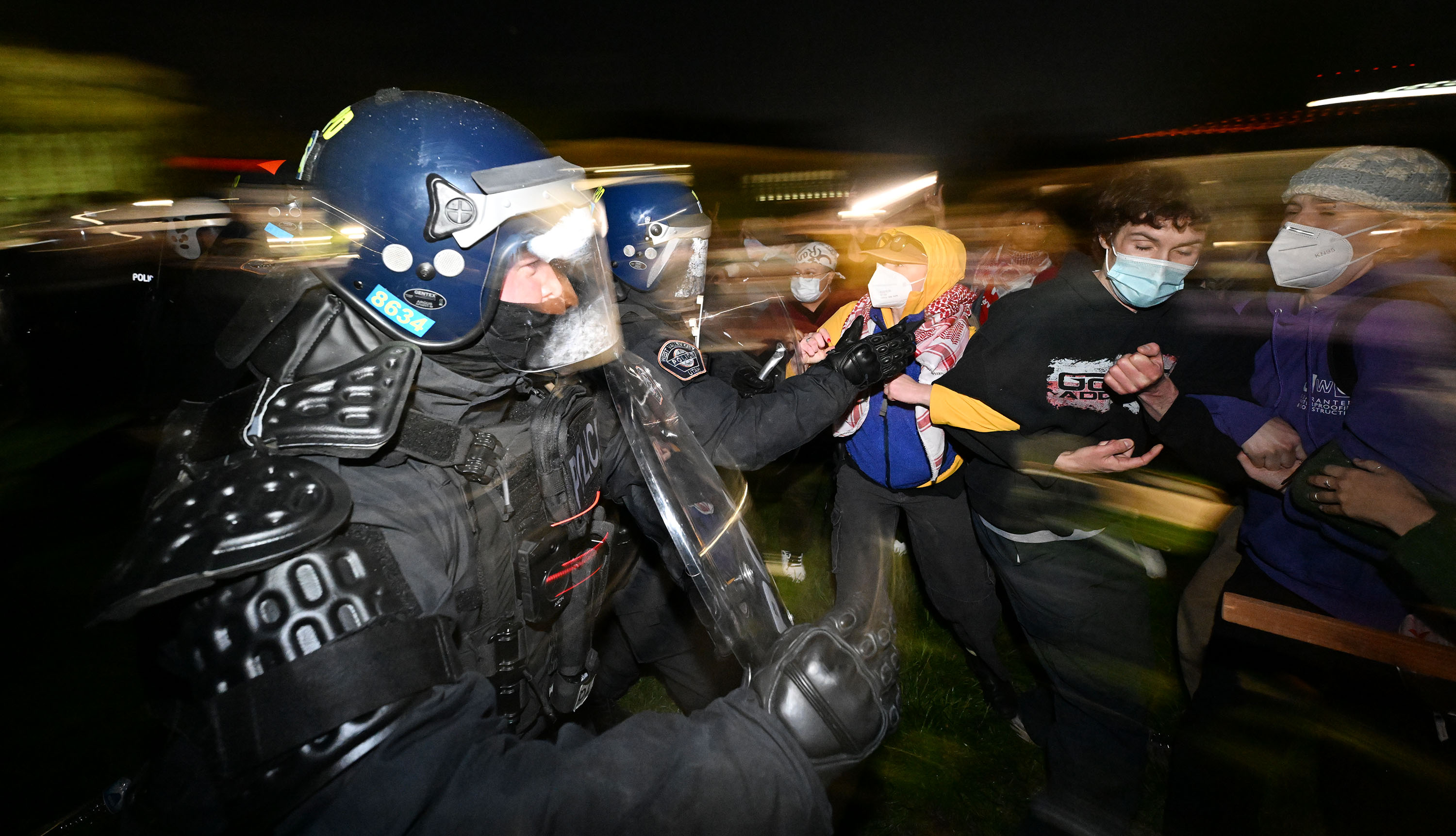 Police move in and make arrests on demonstrators gathered to show support for Palestine at the University of Utah in Salt Lake City on April 29.