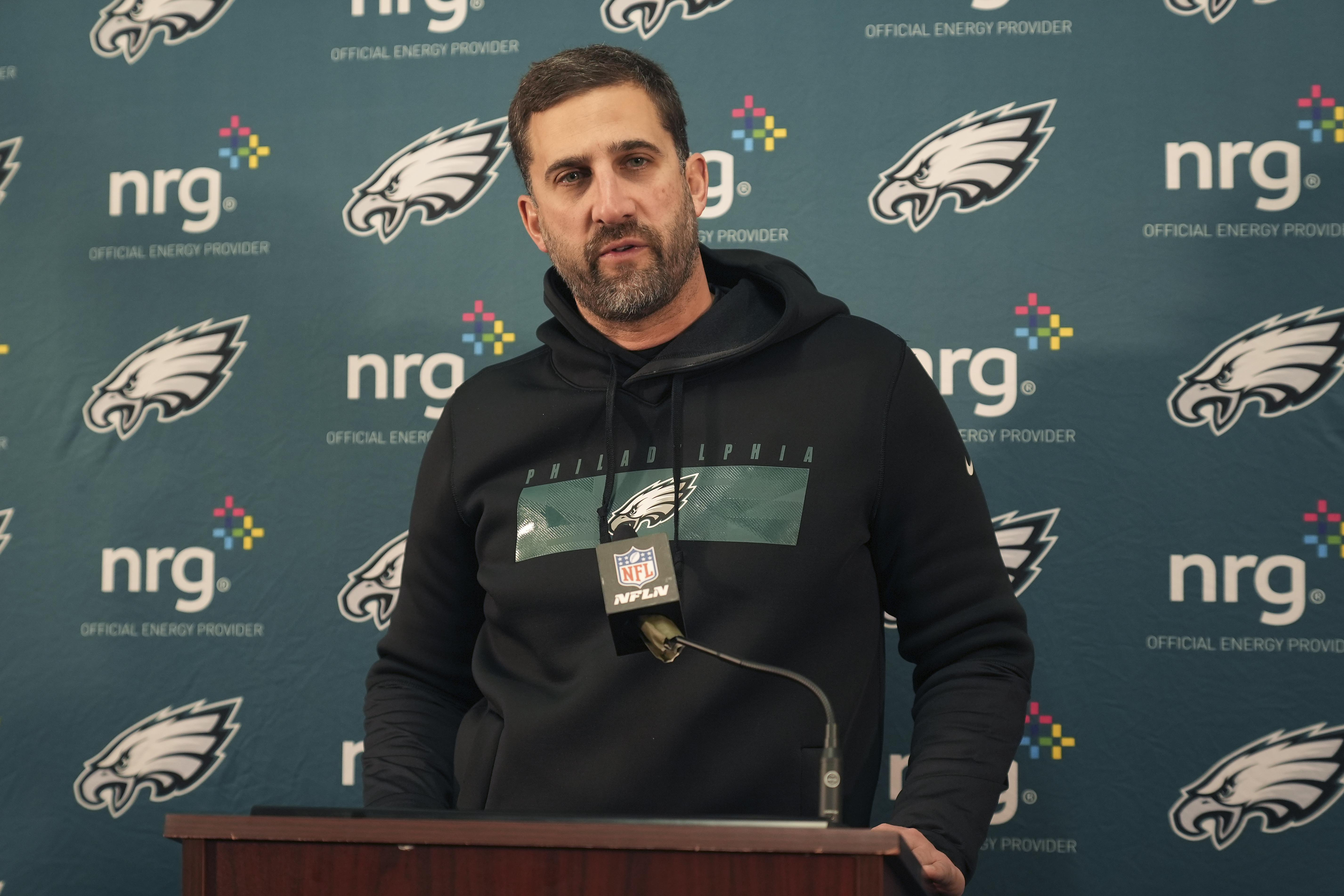 Philadelphia Eagles head coach Nick Sirianni speaks to members of the media after an NFL football game against the Washington Commanders, Sunday, Dec. 22, 2024, in Landover, Md.