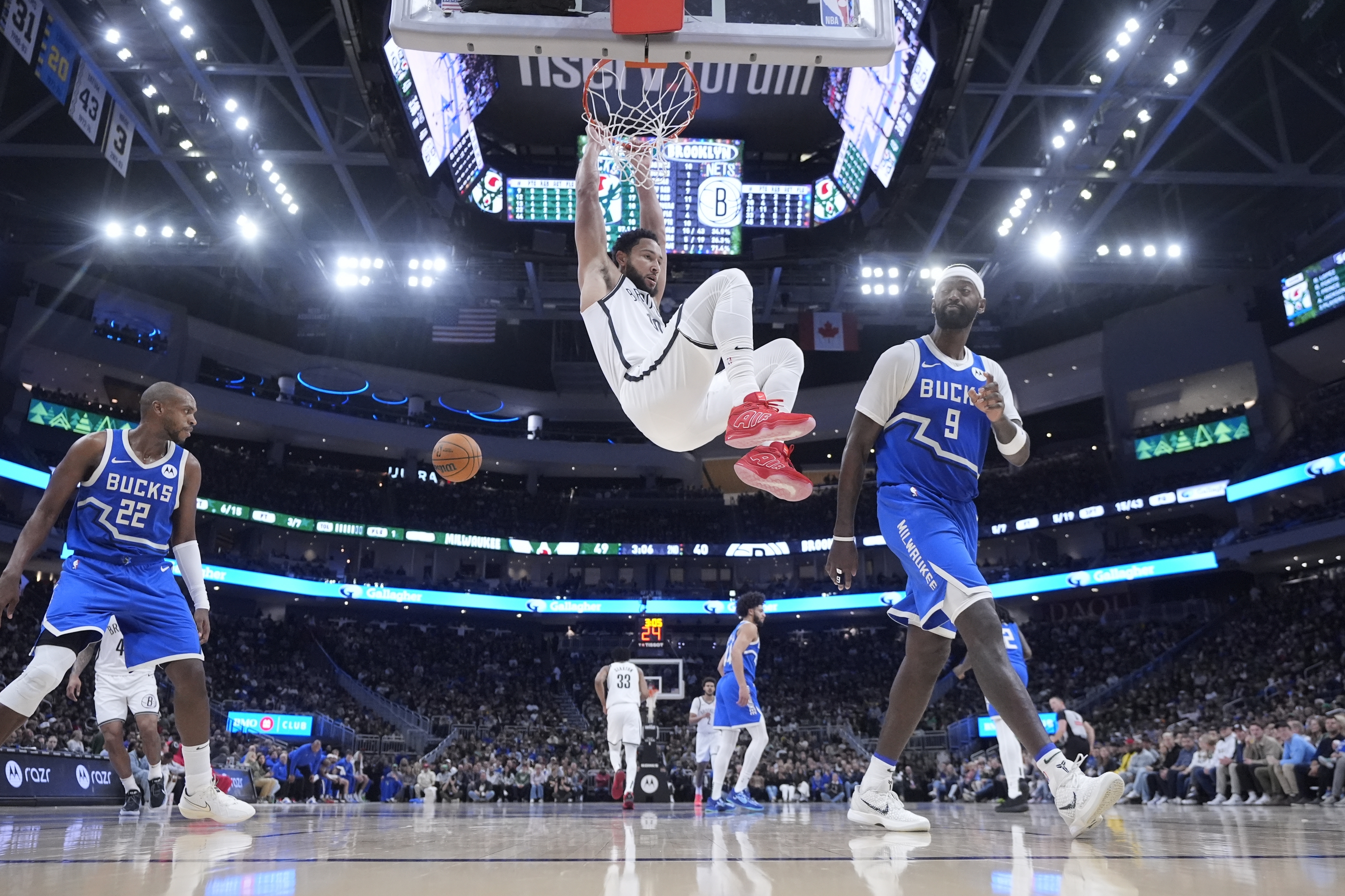Brooklyn Nets' Ben Simmons dunks during the first half of an NBA basketball game against the Milwaukee Bucks Thursday, Dec. 26, 2024, in Milwaukee.