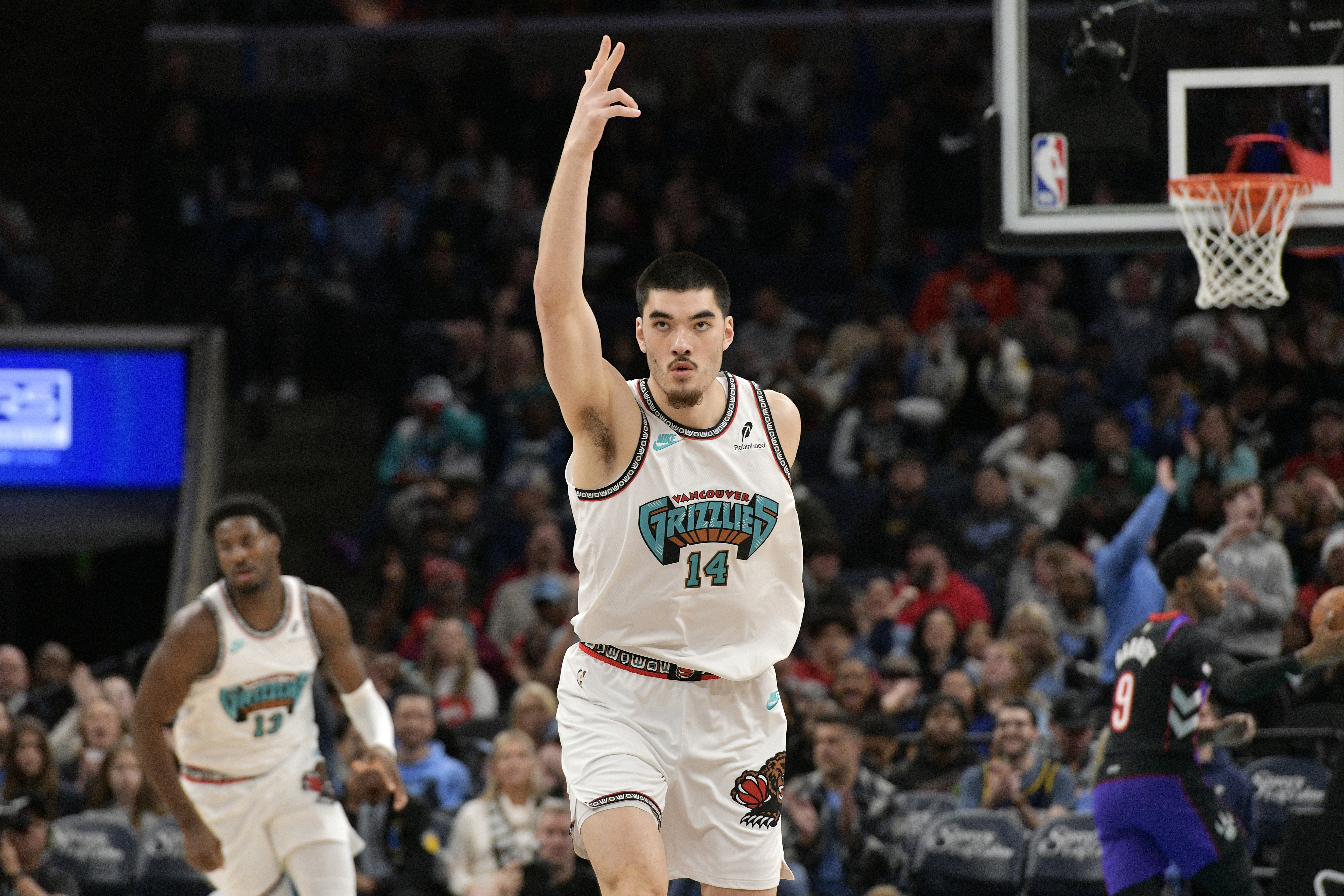 Memphis Grizzlies center Zach Edey (14) reacts in the first half of an NBA basketball game against the Toronto Raptors, Thursday, Dec. 26, 2024, in Memphis, Tenn.