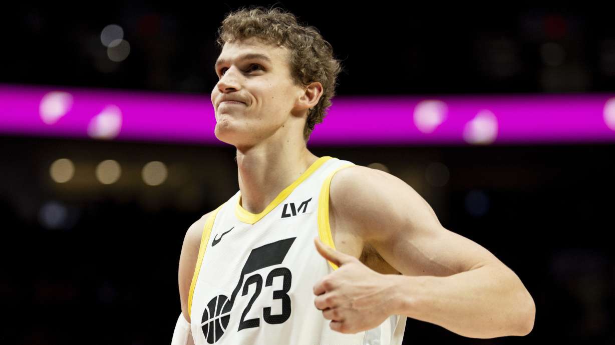 Utah Jazz forward Lauri Markkanen reacts to the foul call against the Portland Trail Blazers during the second half of an NBA basketball game, Thursday, Dec. 26, 2024, in Portland, Ore.