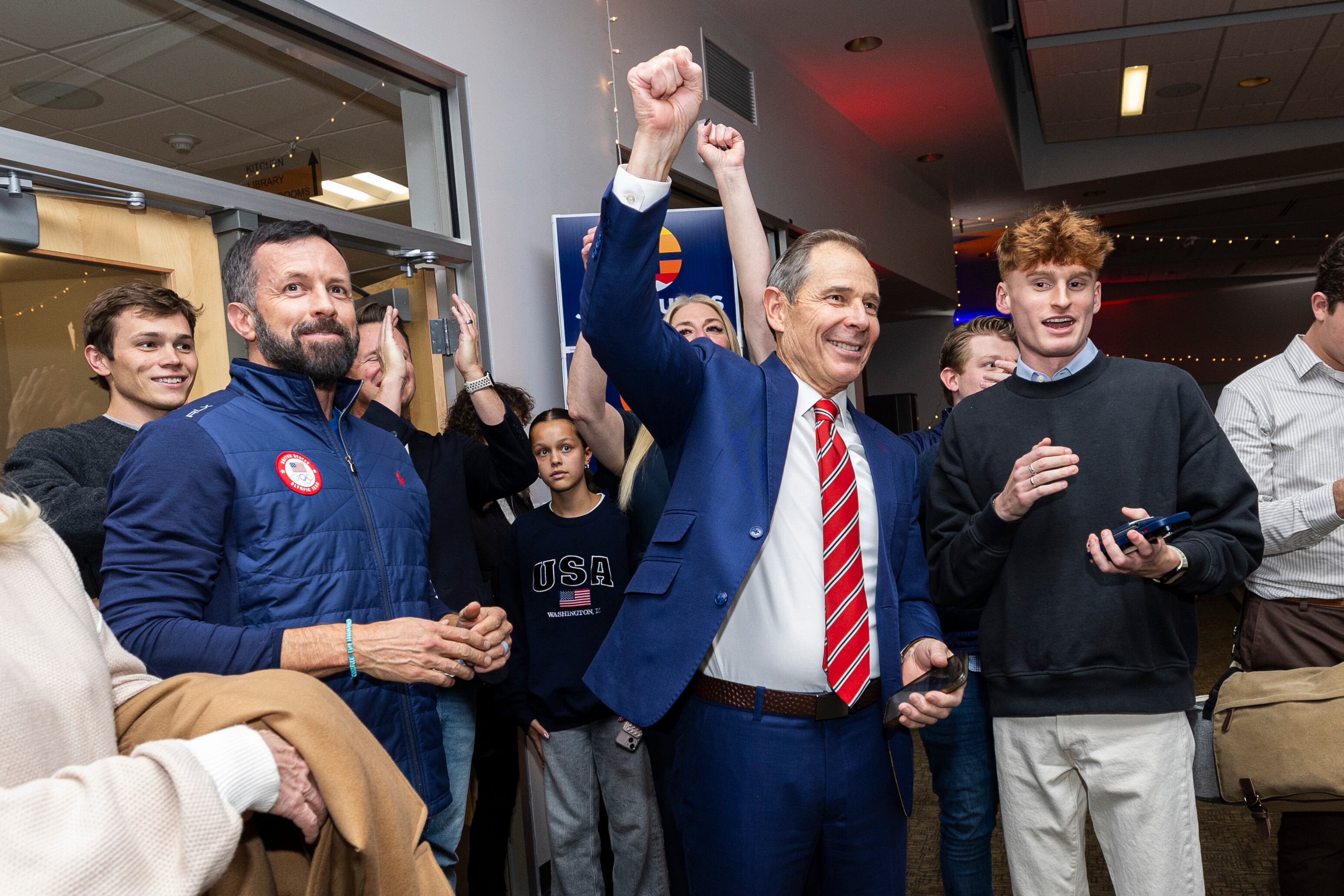 Utah Senator-elect John Curtis reacts as he hears that the AP has called his race and that he has won during a watch party for general election results held by Curtis at the Provo Recreation Center in Provo, Nov. 5.