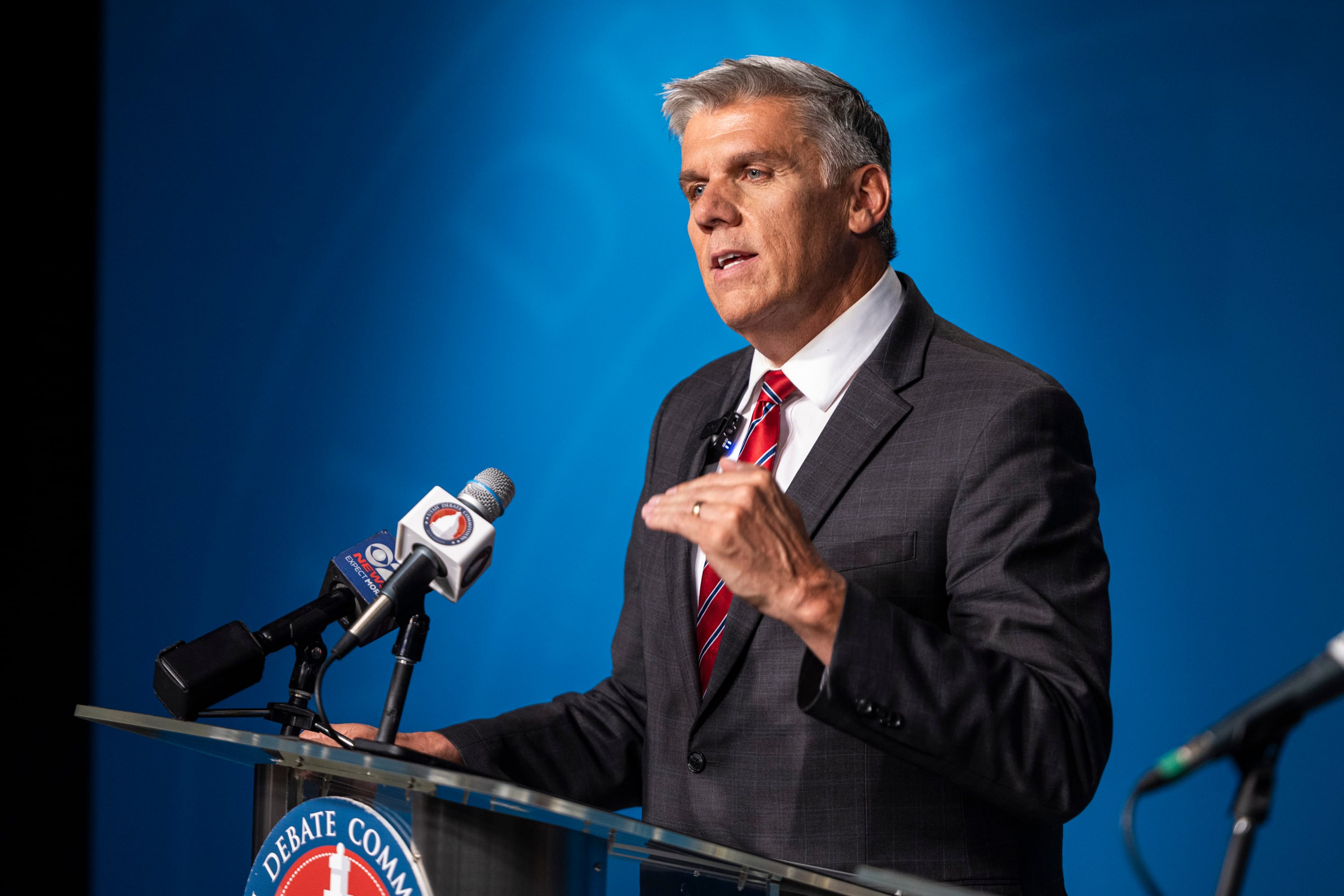 Utah Rep. Phil Lyman speaks to members of the media after Utah’s gubernatorial GOP primary debate held at the Eccles Broadcast Center in Salt Lake City on June 11.