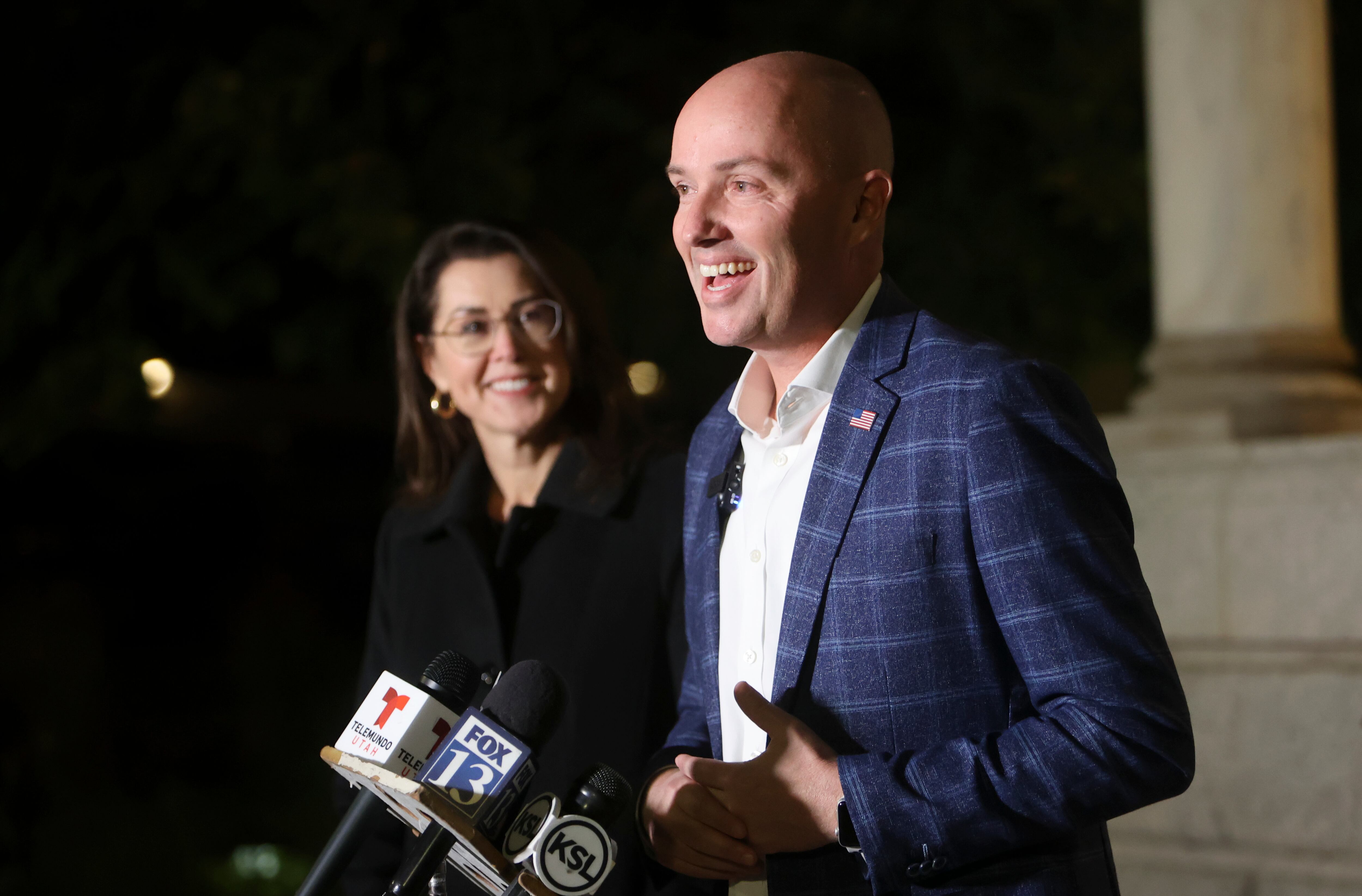 Lt. Gov. Deidre Henderson listens as Gov. Spencer Cox talks to members of the media after the gubernatorial election was called for Cox outside of the Governor’s Mansion in Salt Lake City on Nov. 5.