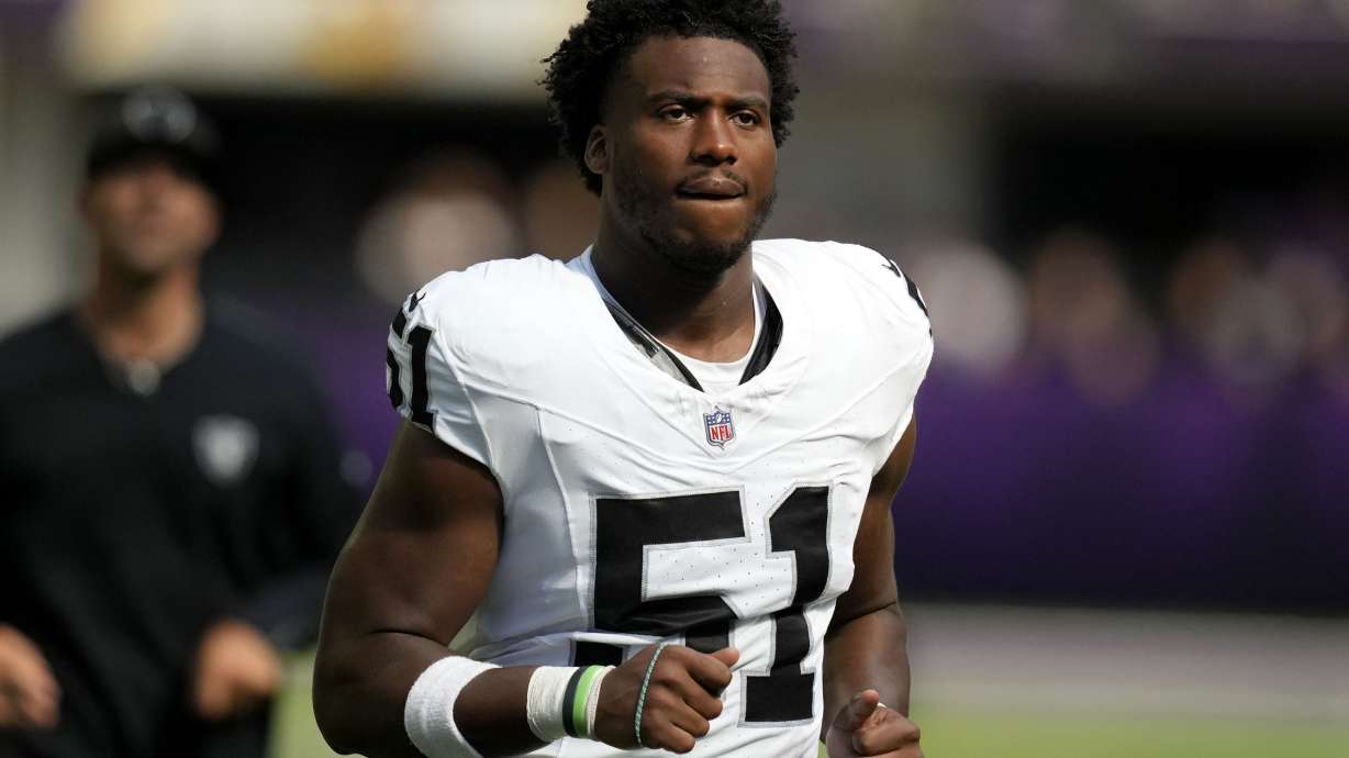 FILE - Las Vegas Raiders defensive end Malcolm Koonce (51) runs off the field at halftime of an NFL preseason football game against the Minnesota Vikings, Aug. 10, 2024, in Minneapolis.